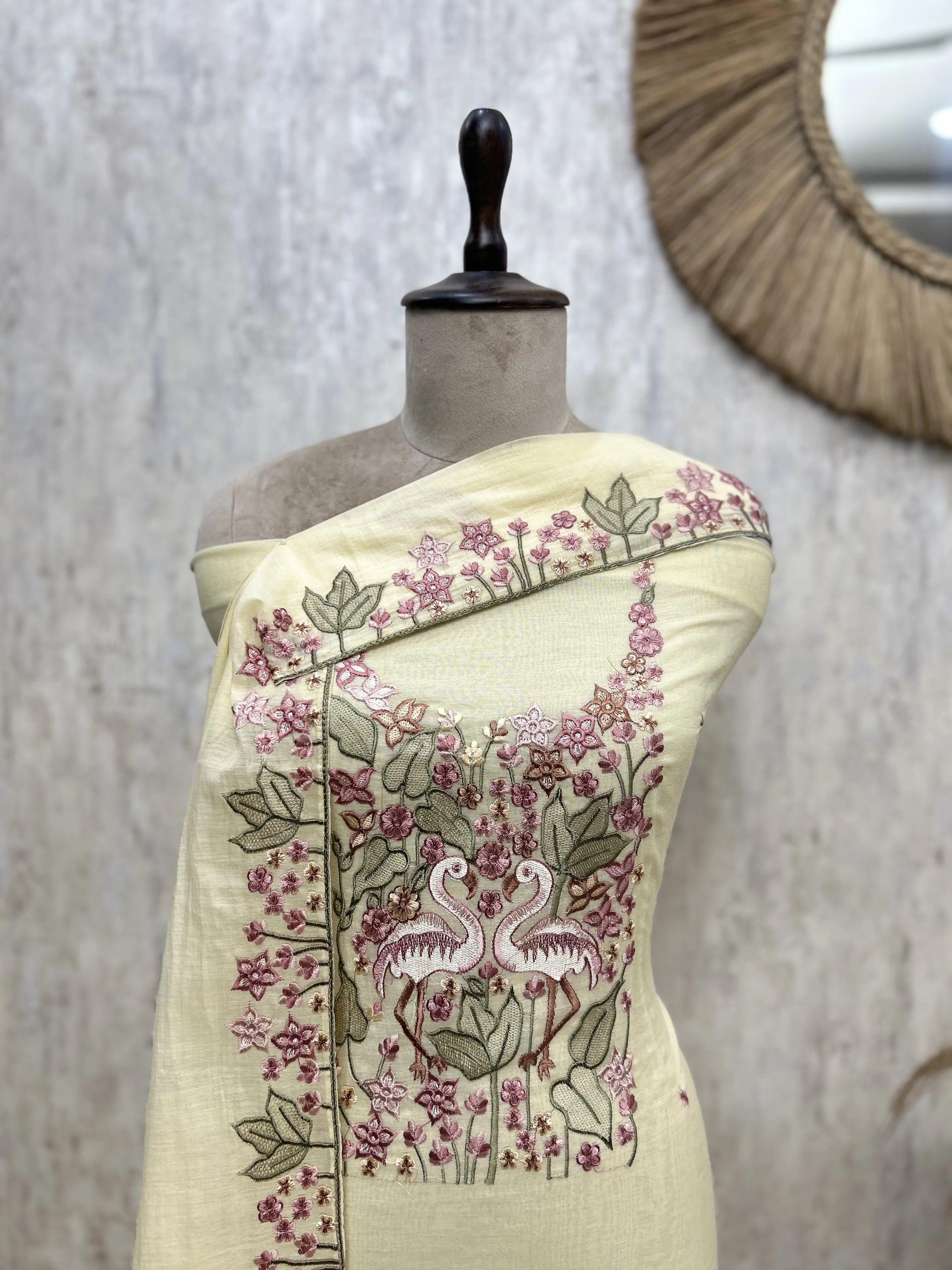 Swan and Flowers Elegance Mul Chanderi Unstitched Suits