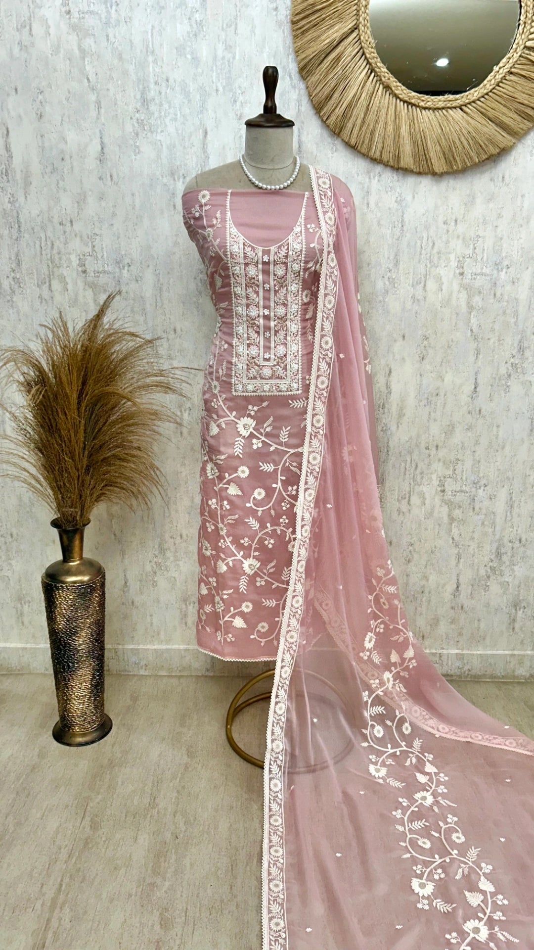 Chiffon Organza Unstitched Suit Set With Lucknowi Work