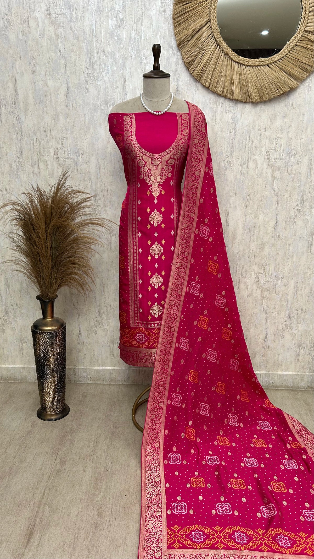 Bandhni Dola Silk Unstitched Suit Set