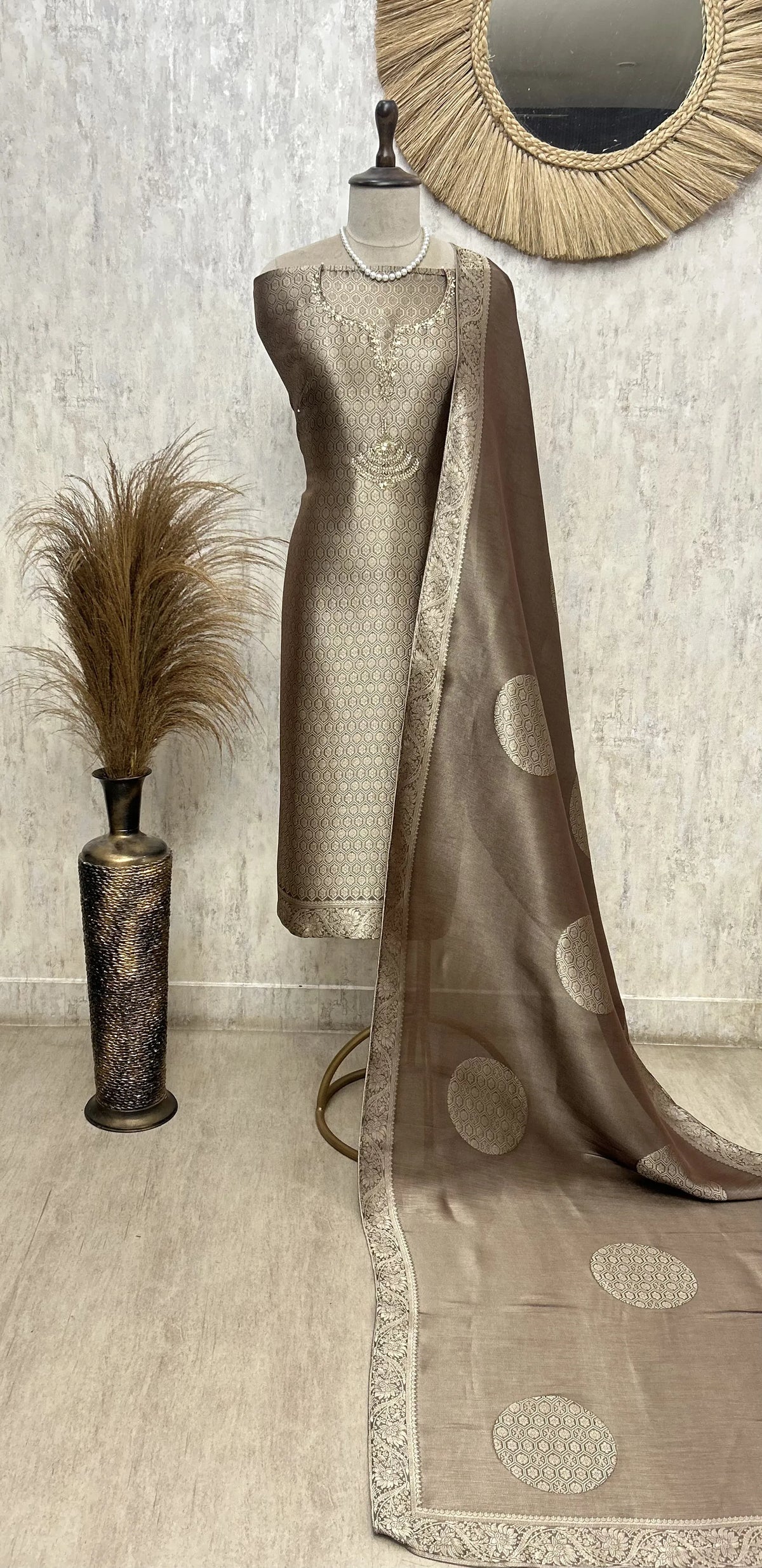 Classic Gold Brocade Unstiched Suit