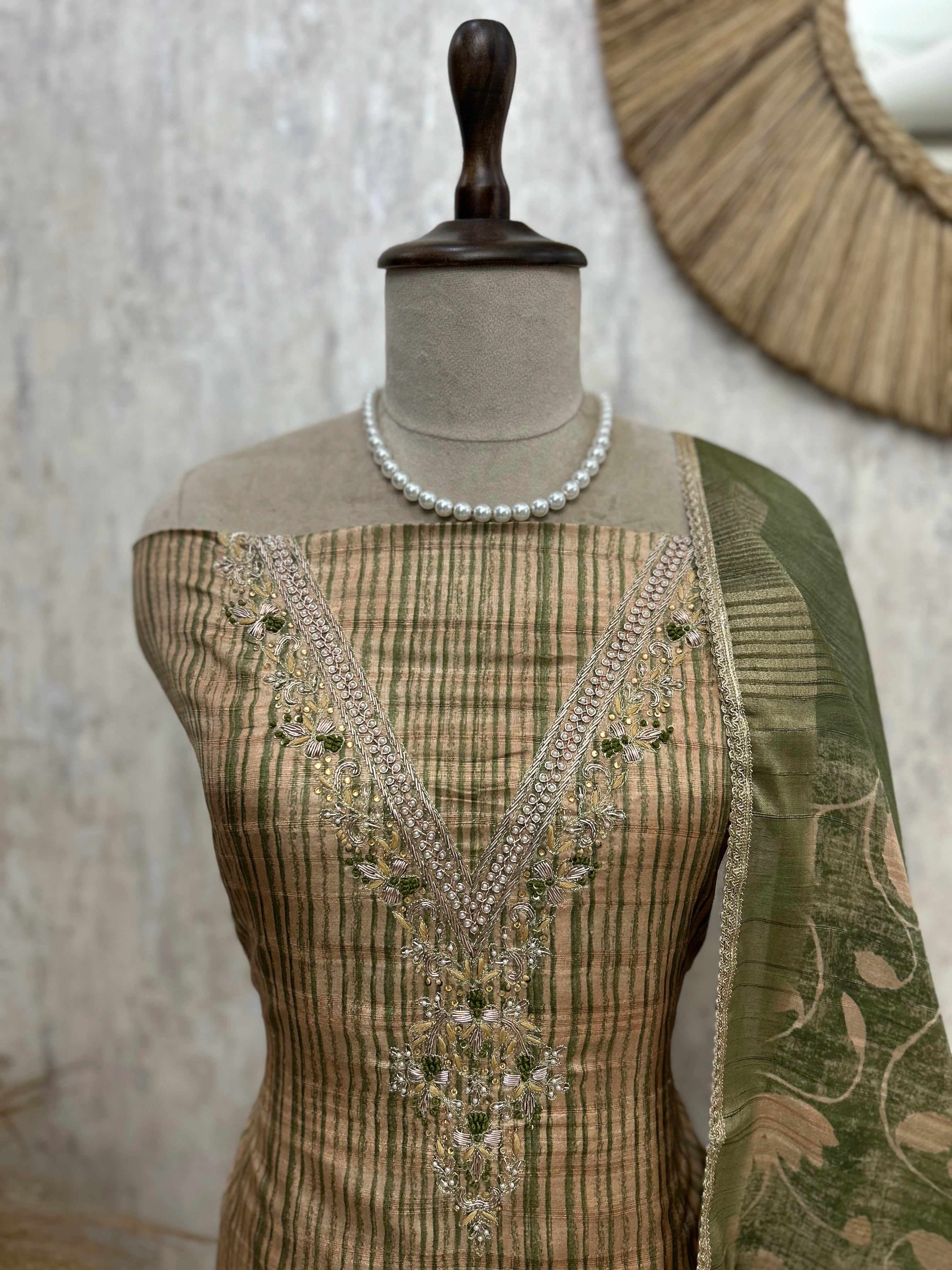 Tussar Silk Unstitched Suit Set With Embroidered Neckline