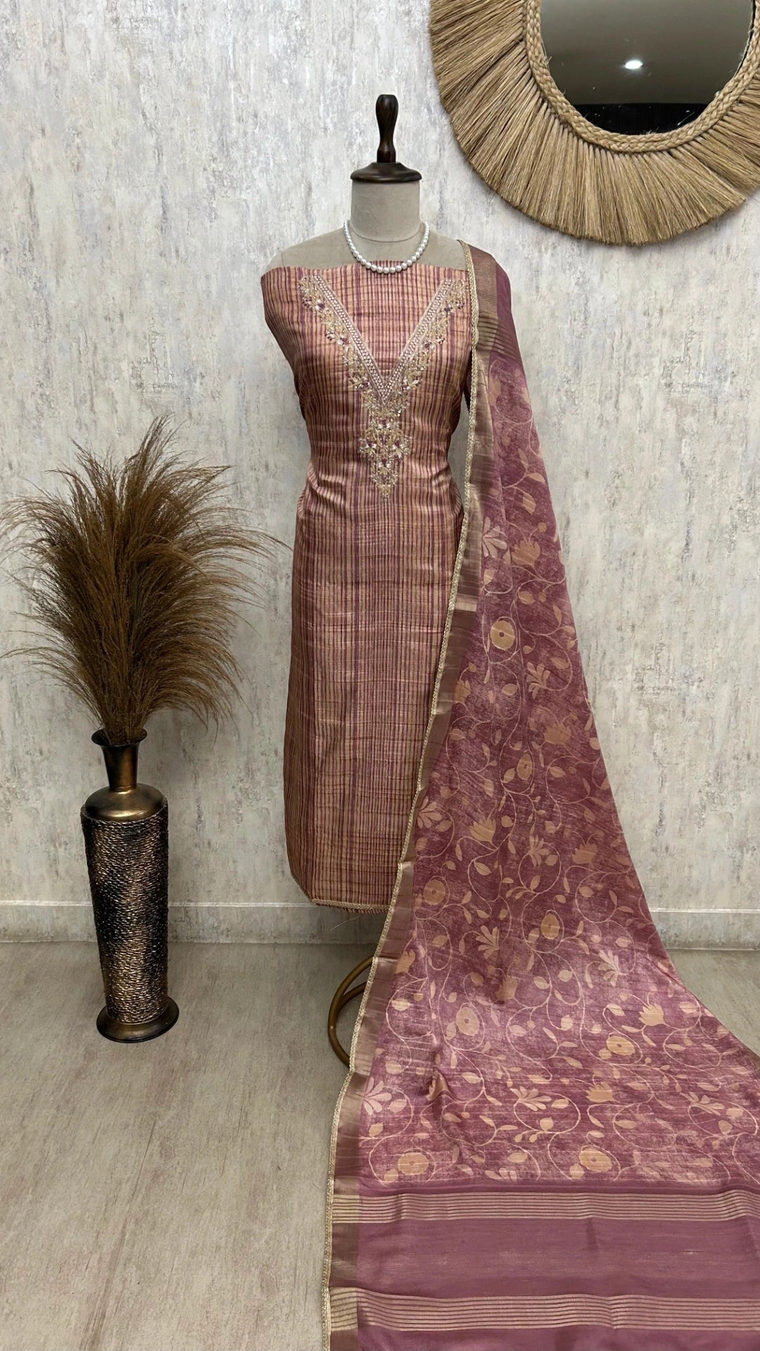 Tussar Silk Unstitched Suit Set With Embroidered Neckline