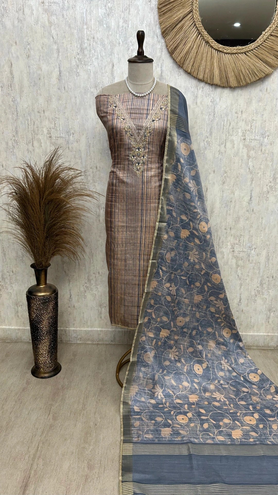 Tussar Silk Unstitched Suit Set With Embroidered Neckline