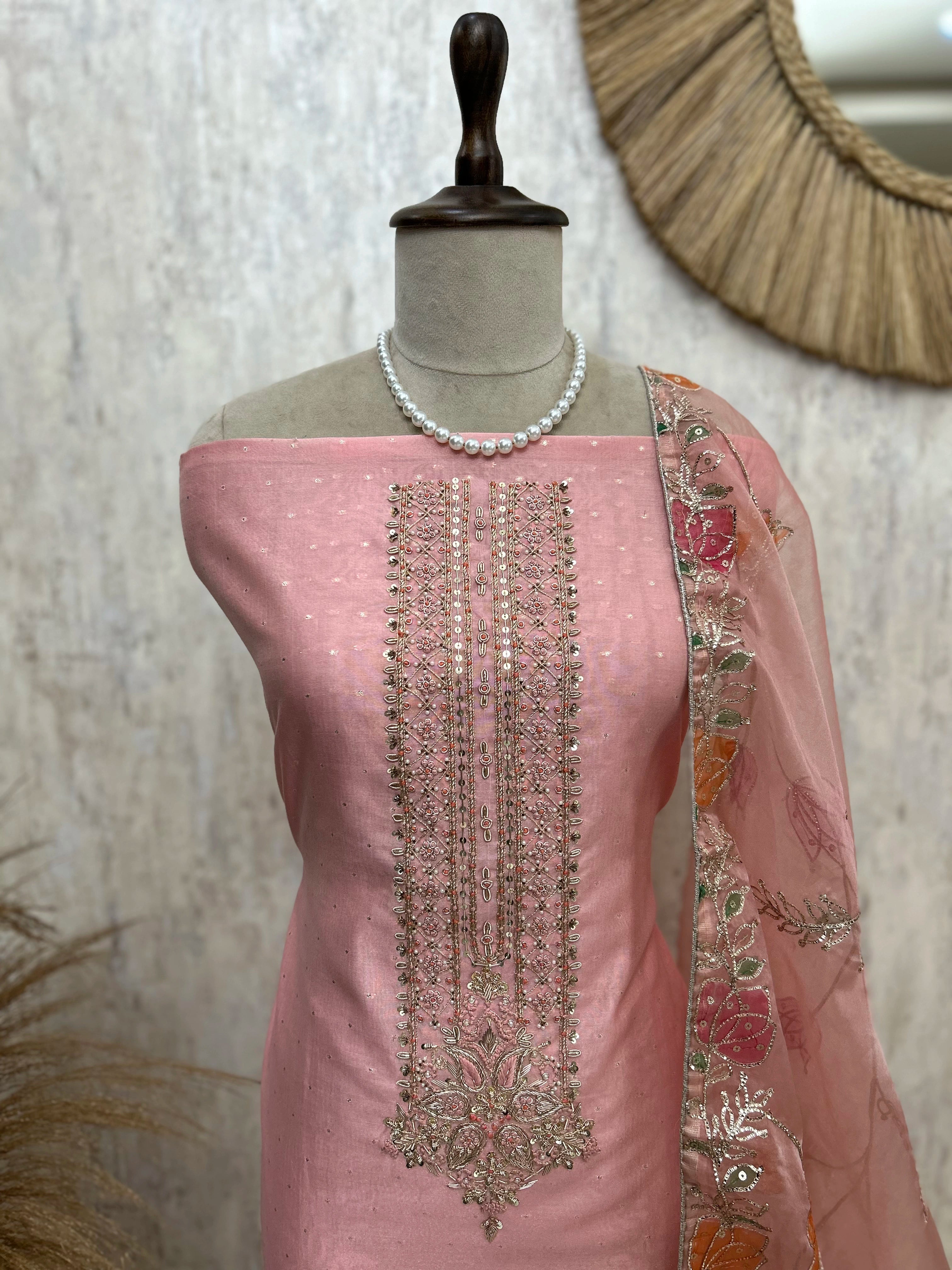 Maheshwari Unstitched Suit Set With Embroidered Necktie
