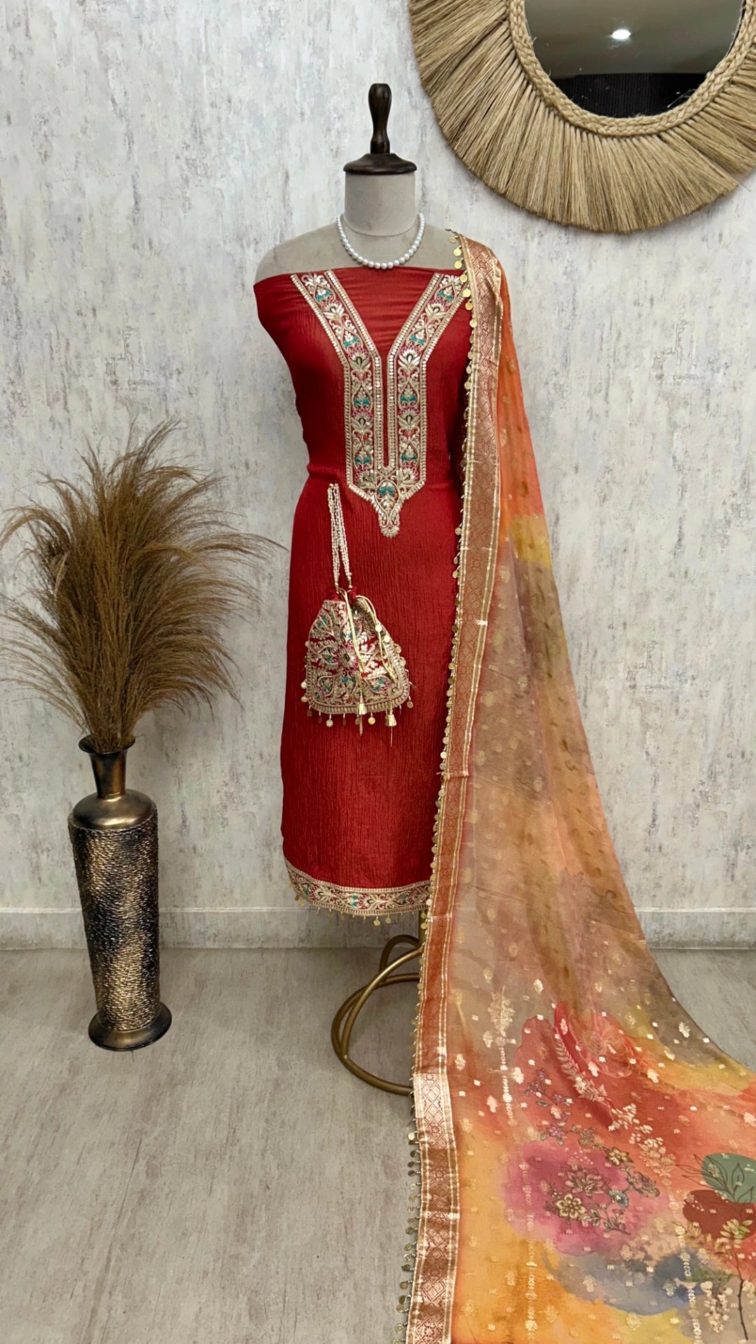 Tissue Unstitched Suit Set With Coin Work