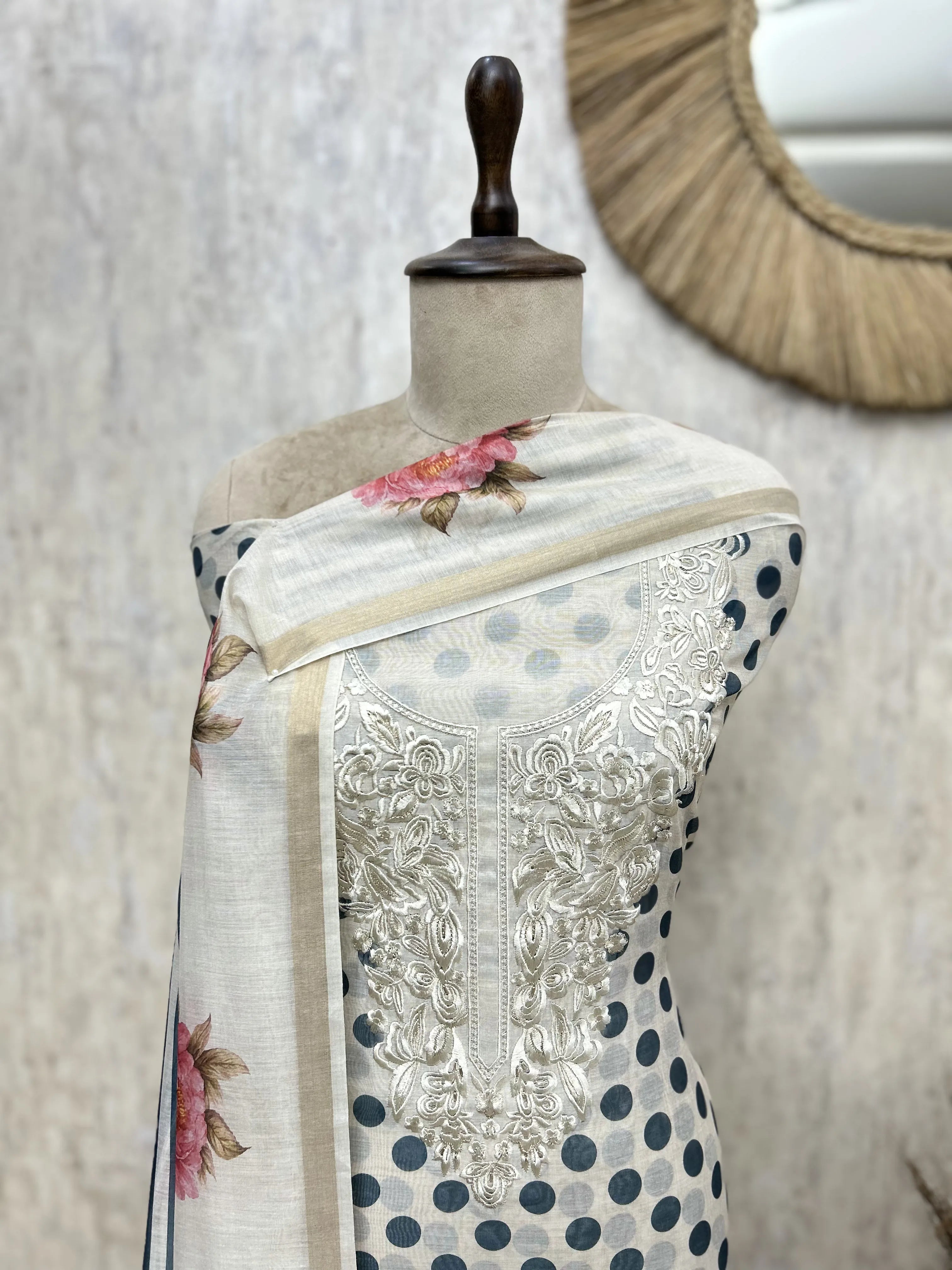 Polka Blossom Mul Chanderi Unstitched Suit