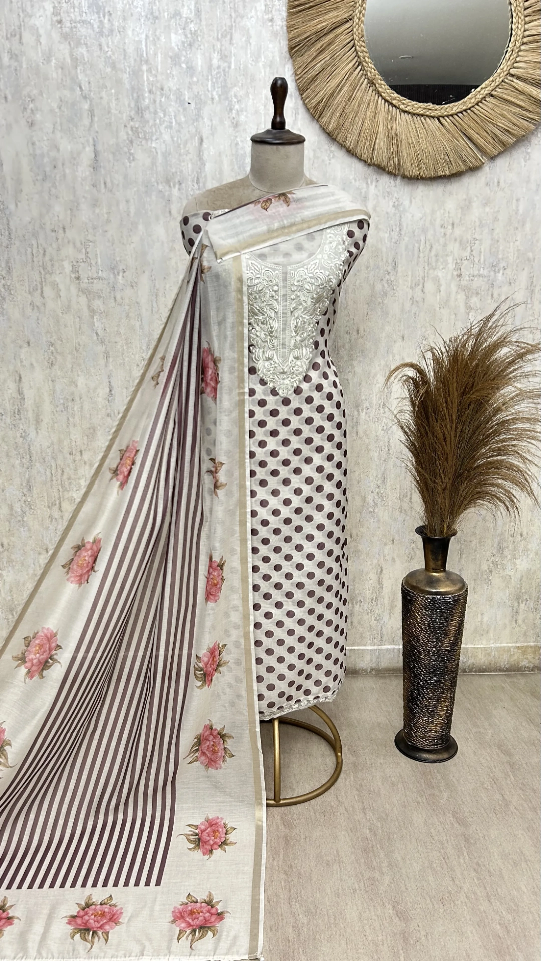 Polka Blossom Mul Chanderi Unstitched Suit