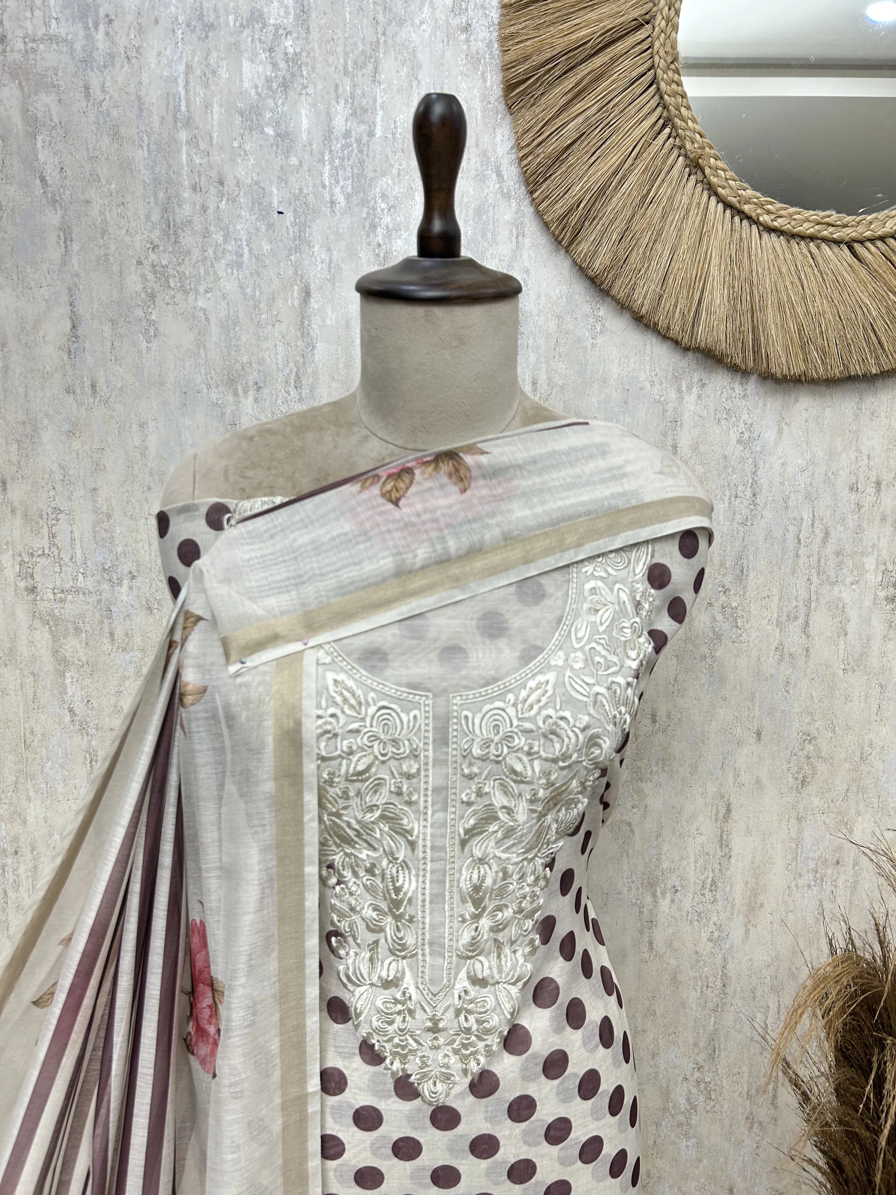 Polka Blossom Mul Chanderi Unstitched Suit