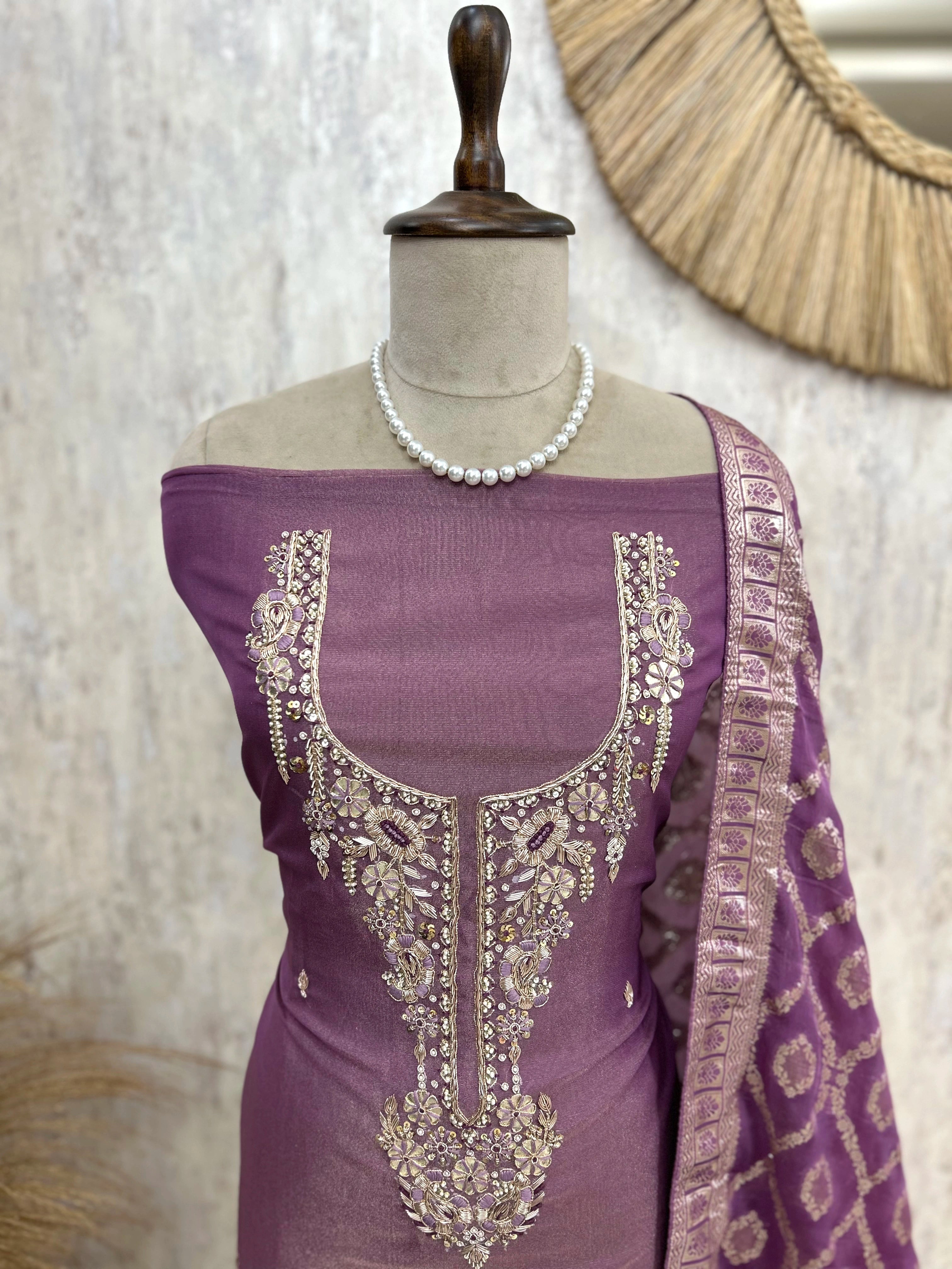 Zardozi Neckline Banarasi Dupatta Tissue Unstitched Suit Set