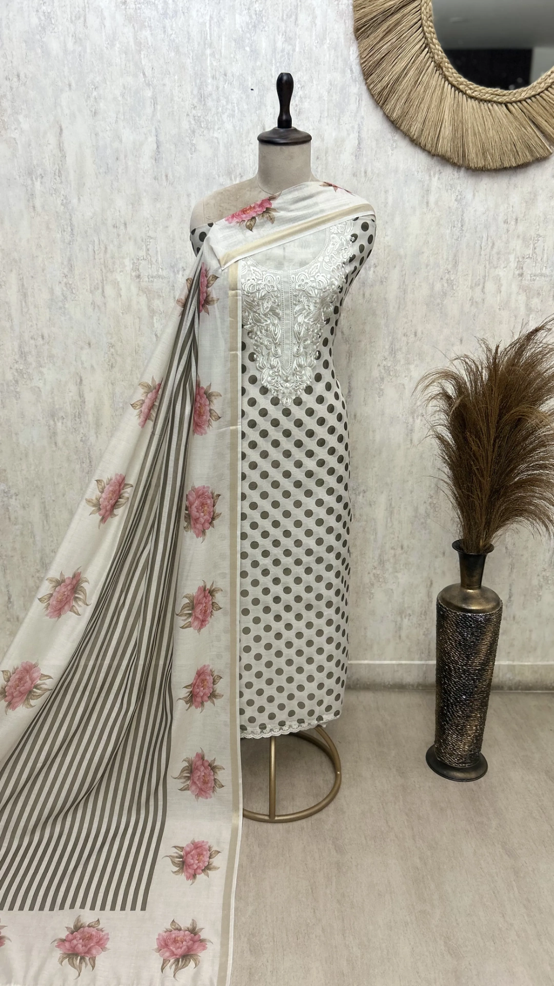 Polka Blossom Mul Chanderi Unstitched Suit