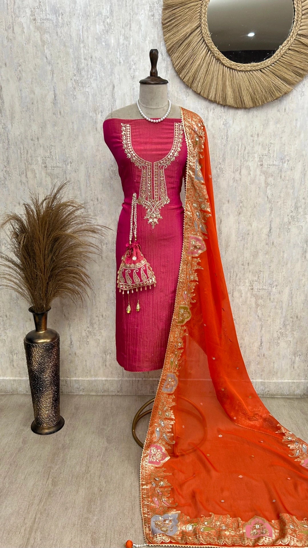 Crush Tissue Unstitched Suit Set With Zari Embroidery