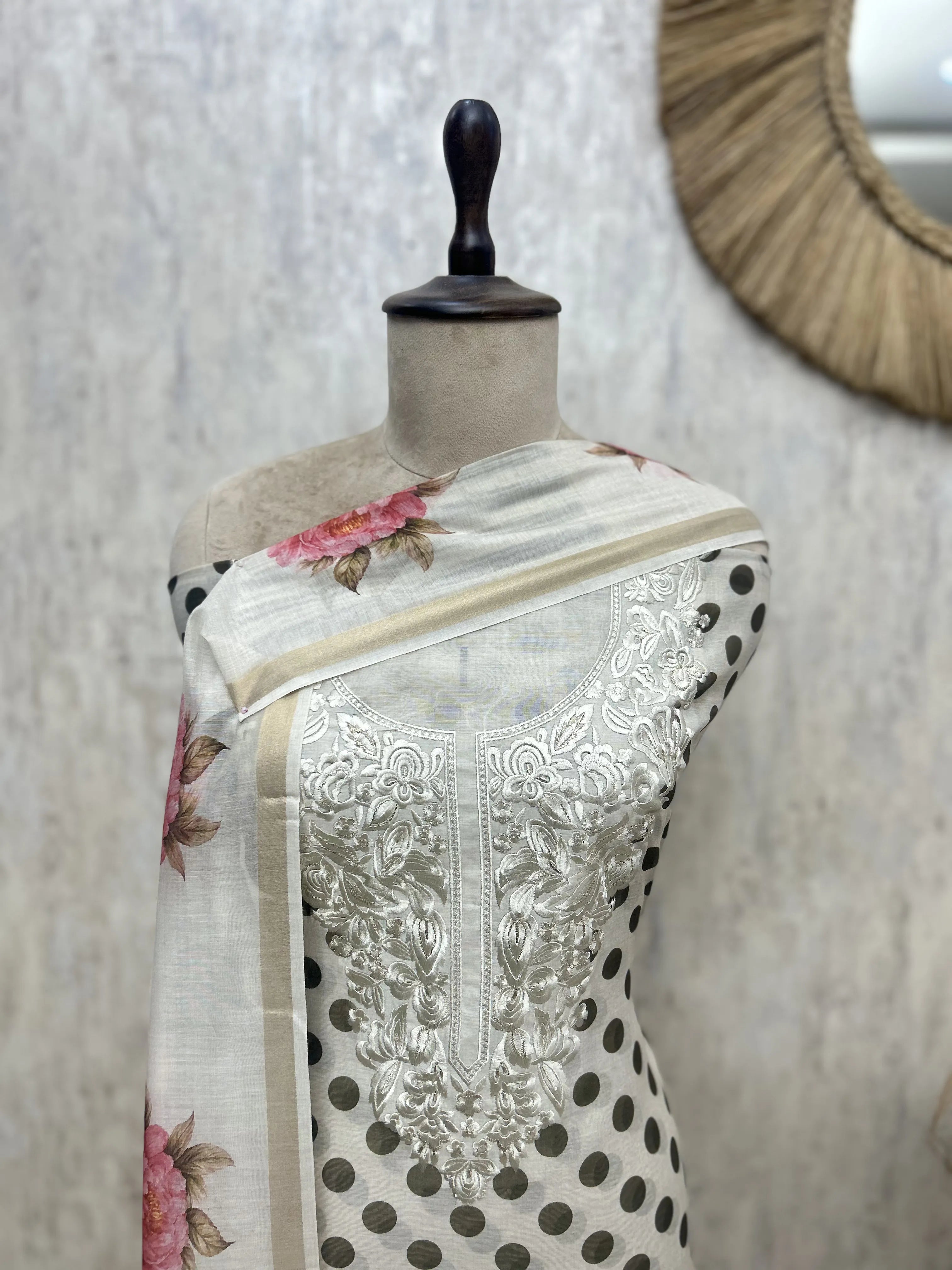 Polka Blossom Mul Chanderi Unstitched Suit