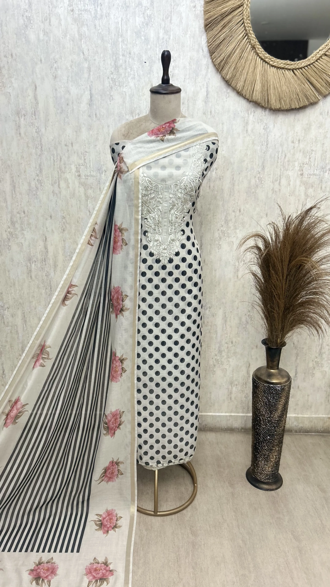 Polka Blossom Mul Chanderi Unstitched Suit