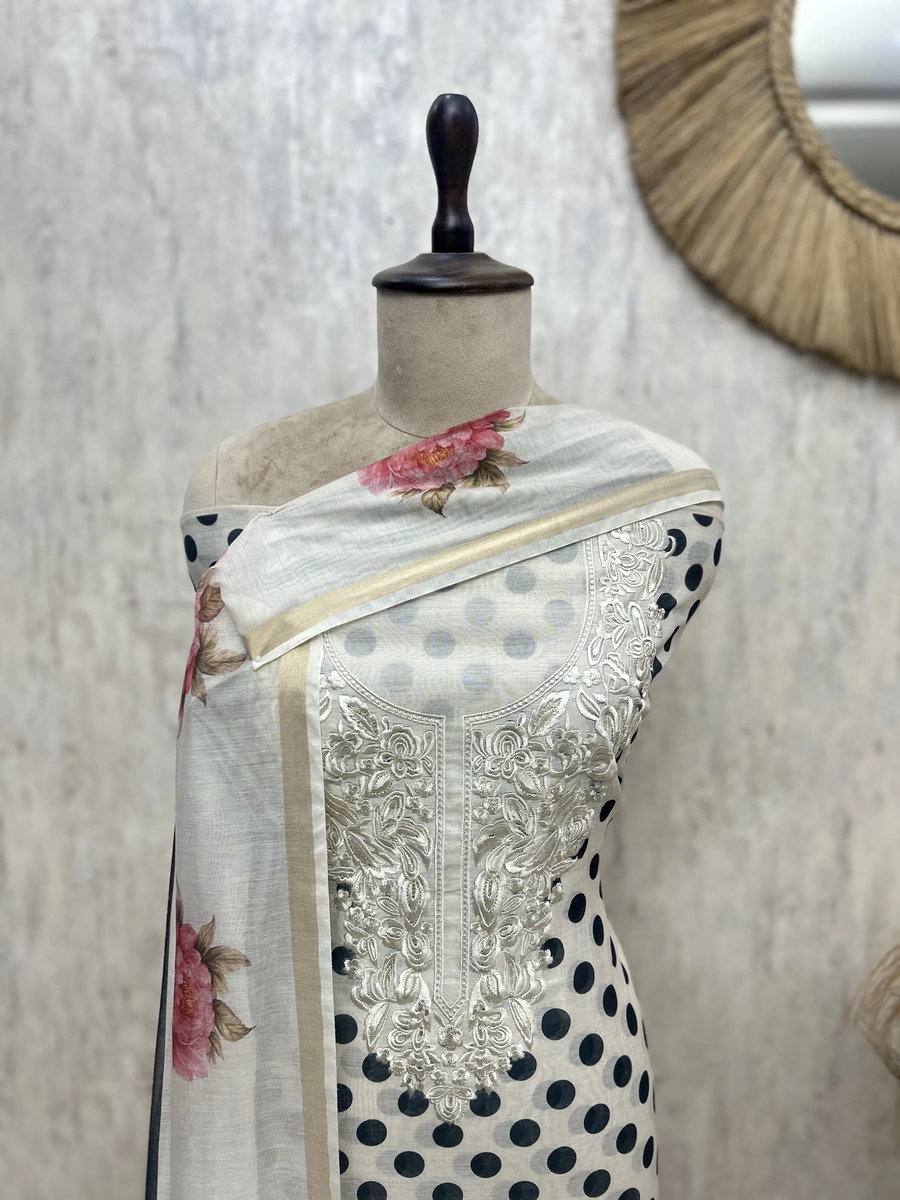 Polka Blossom Mul Chanderi Unstitched Suit