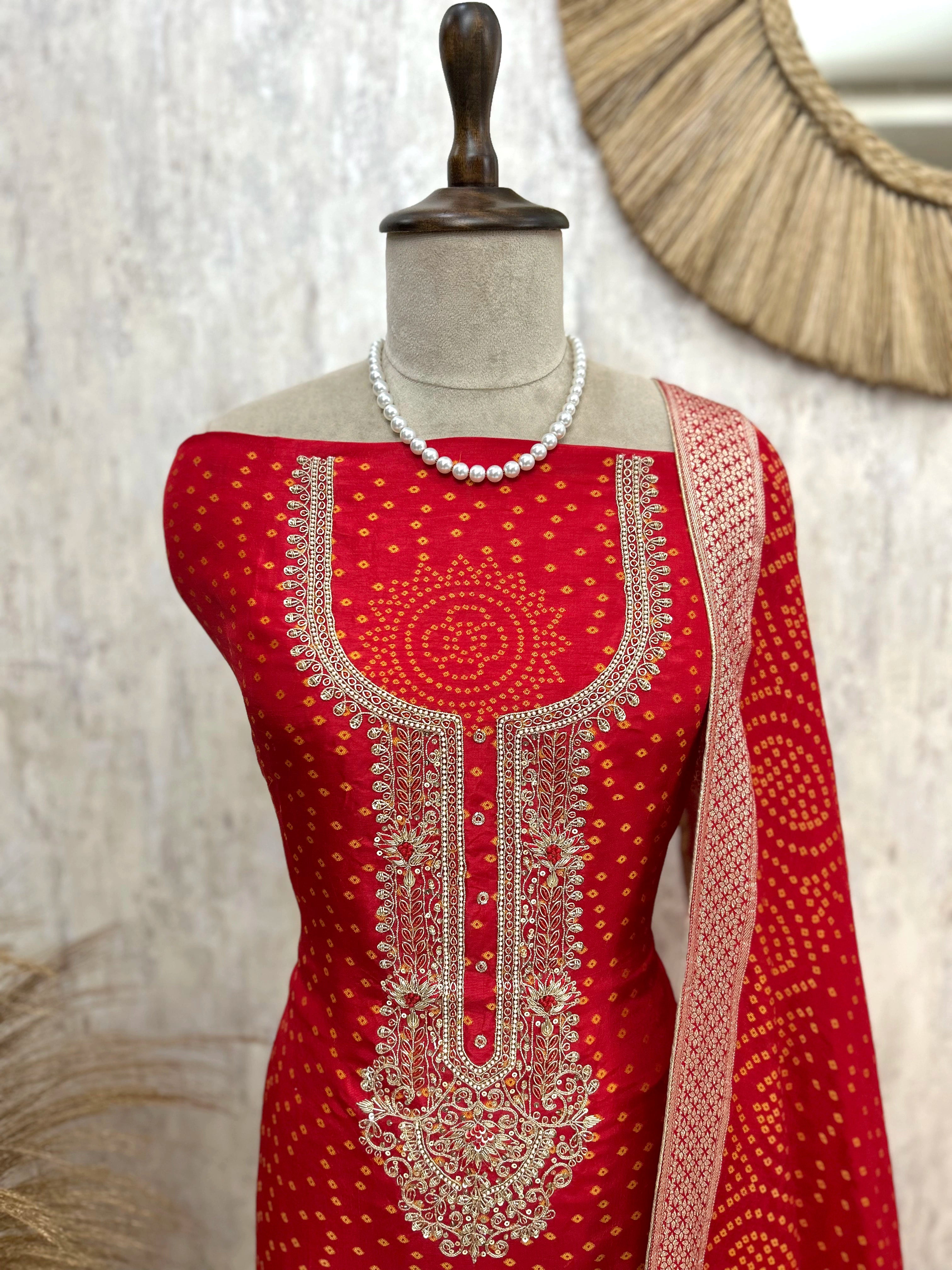 Bandhani Concept On Dola Silk Unstitched Suit Set