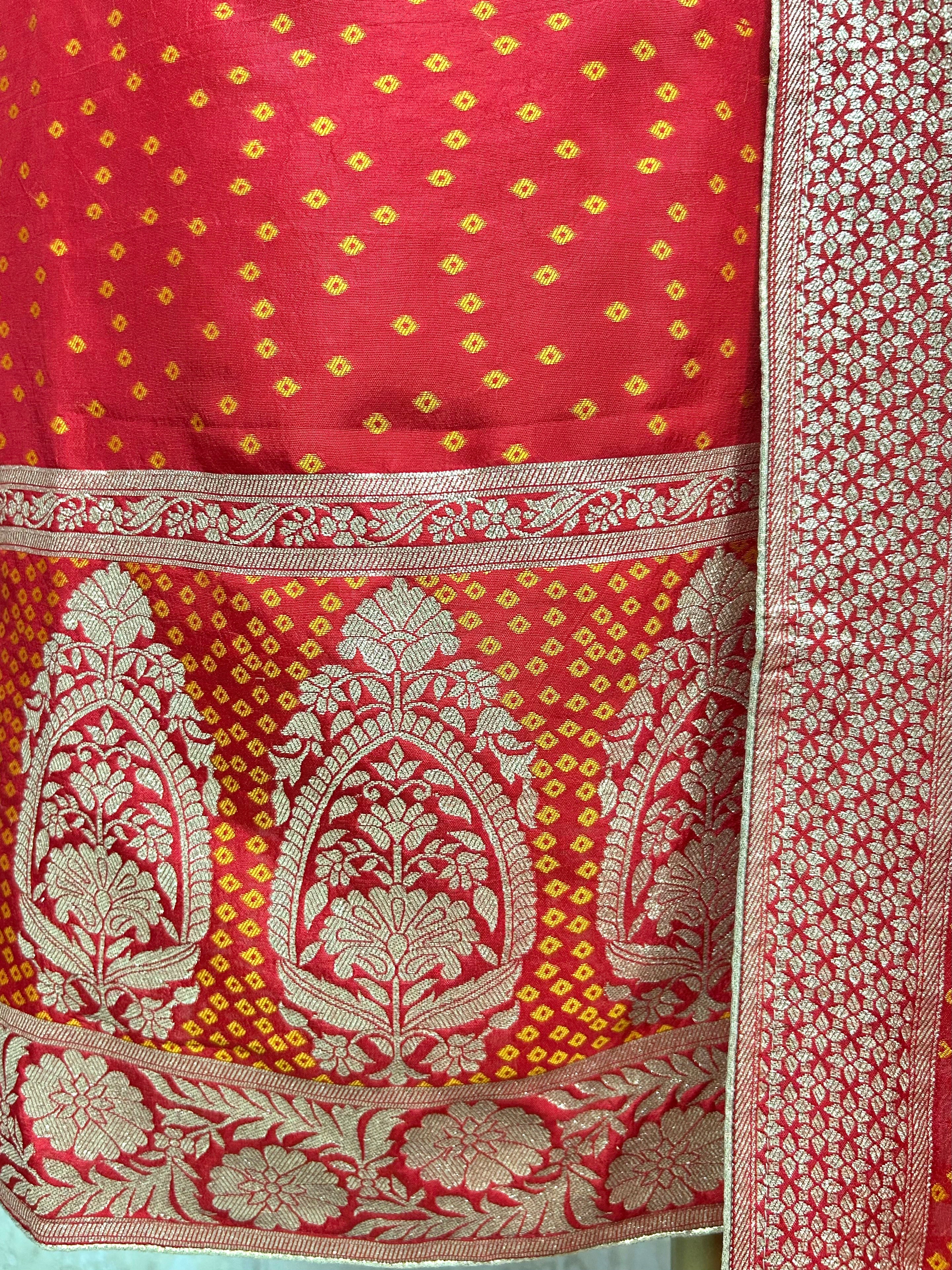 Bandhani Concept On Dola Silk Unstitched Suit Set