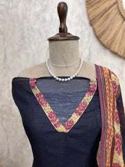 Linen Unstitched Suit Set With Kantha Embroidery