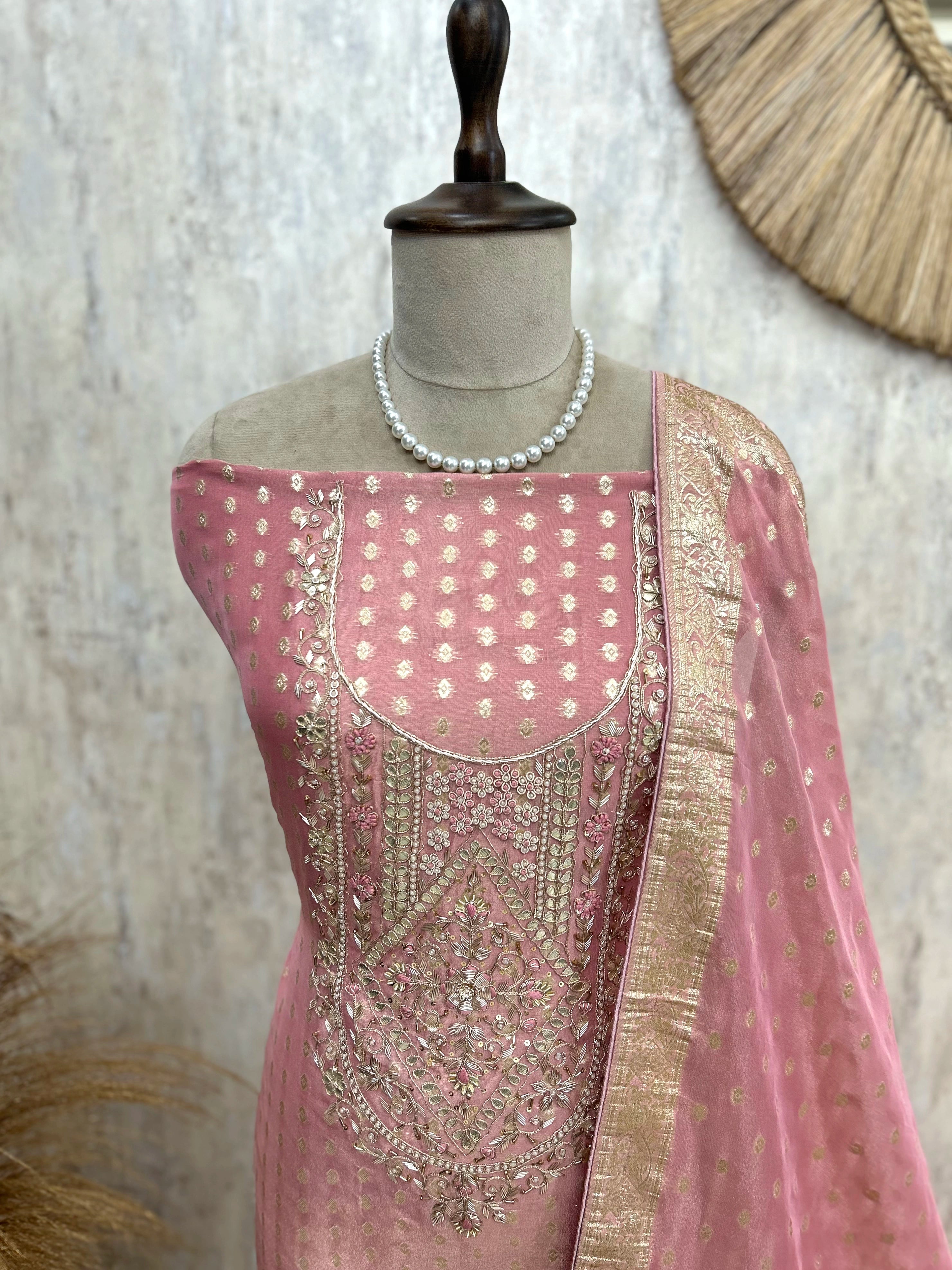 Zardozi Work On Tissue Unstitched Suit Set