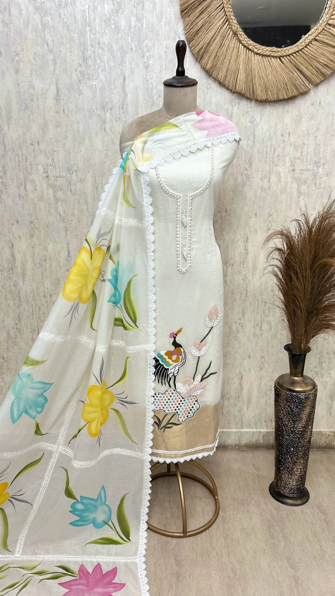 Blooming Aviary Mul Chanderi Unstitched Suit