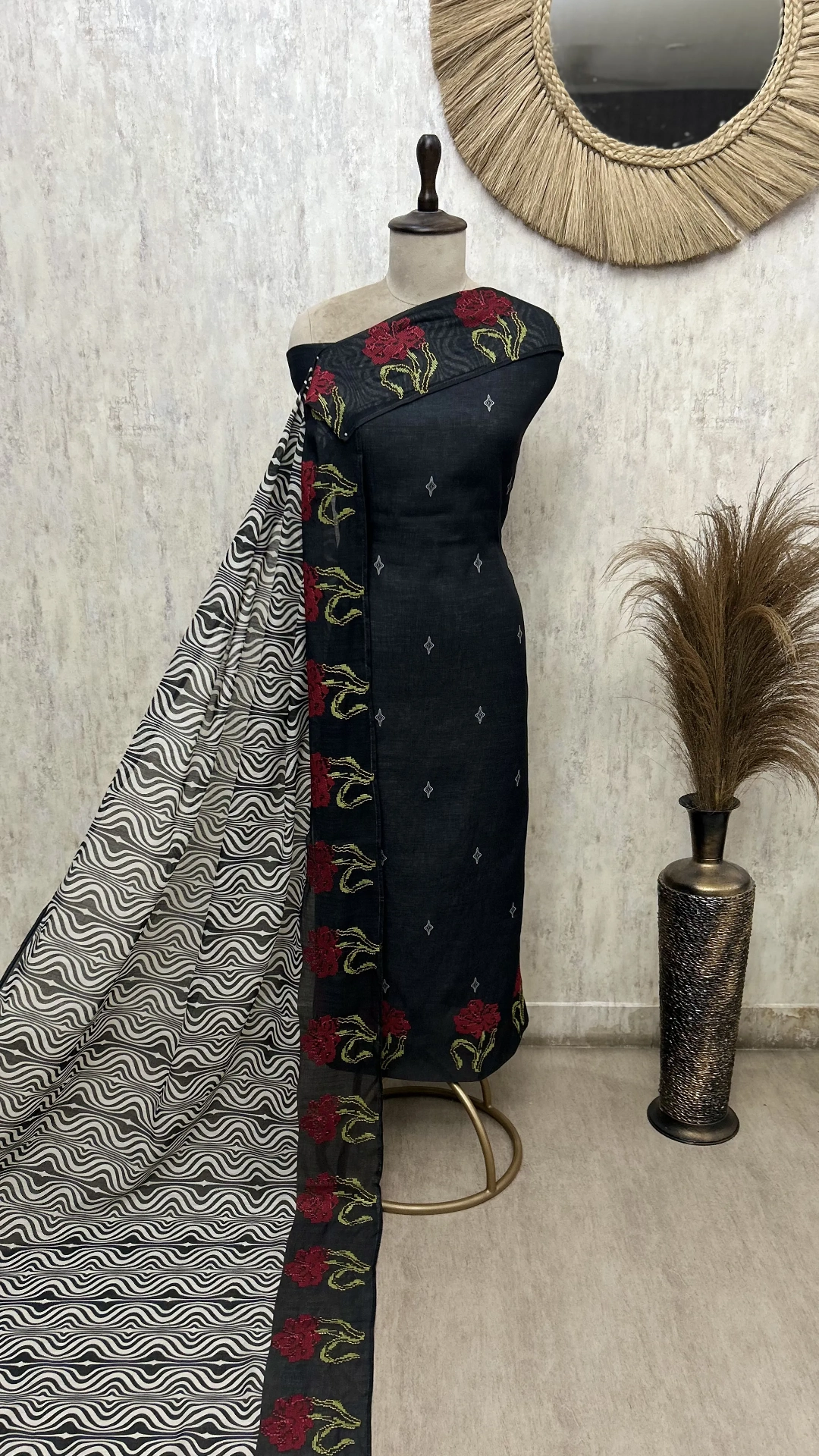 Botanical Border Linen Unstitched Suit with Graphic Wave Dupatta