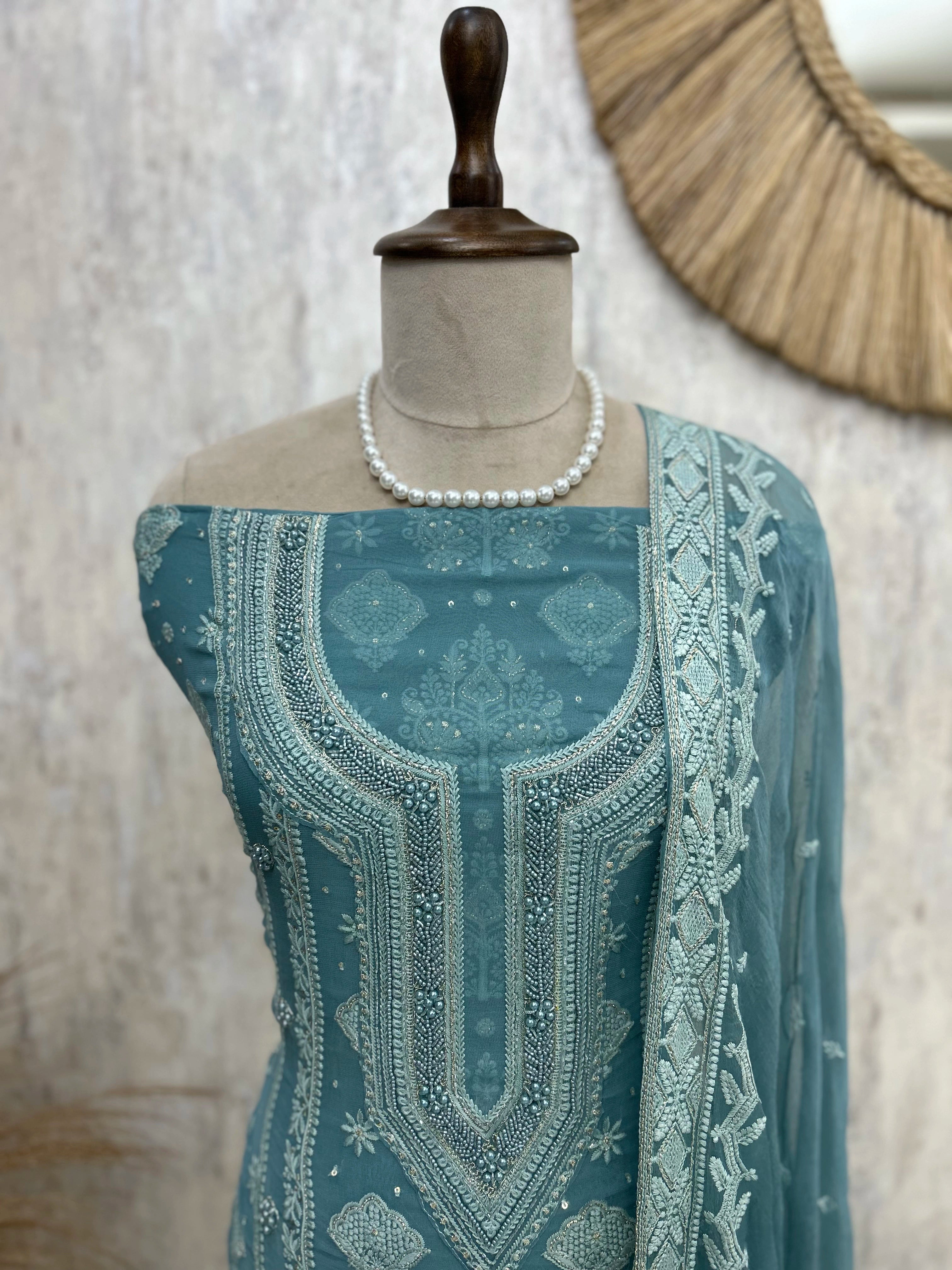 Lucknowi Chikankari & Pearl Work Georgette Unstitched Suit Set
