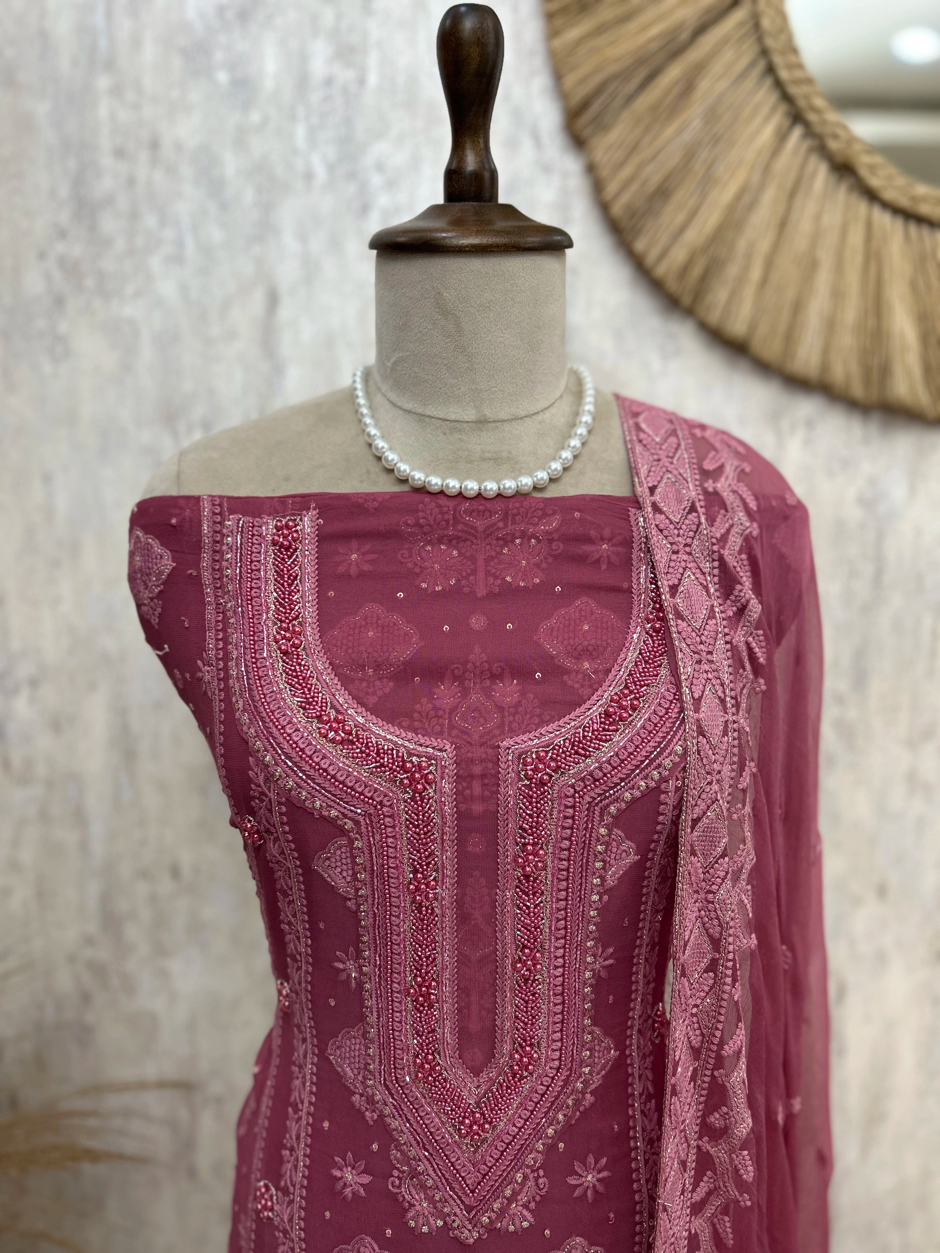 Lucknowi Chikankari & Pearl Work Georgette Unstitched Suit Set