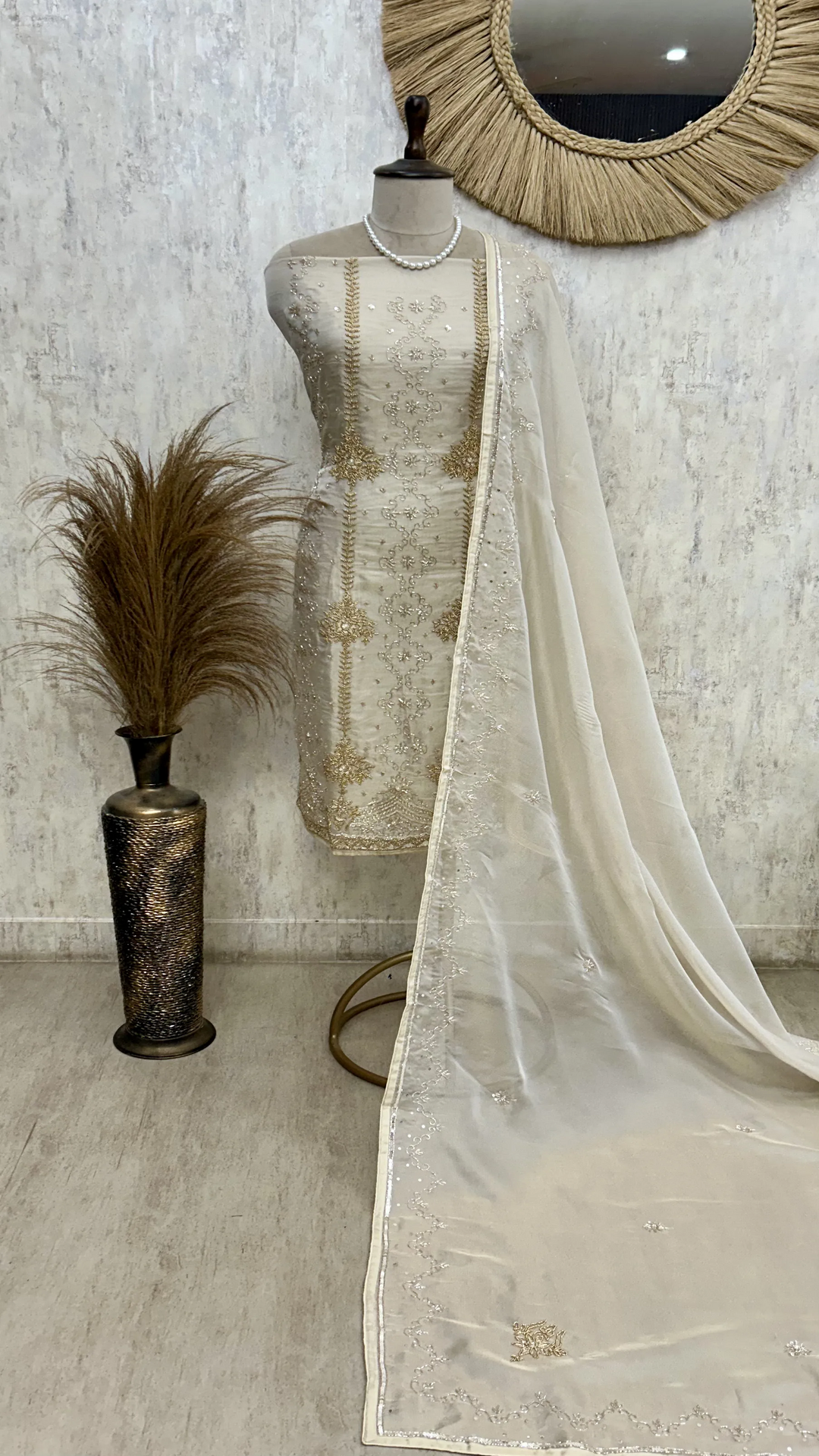 Elegant Pearl Beige Suit Unstiched Suit