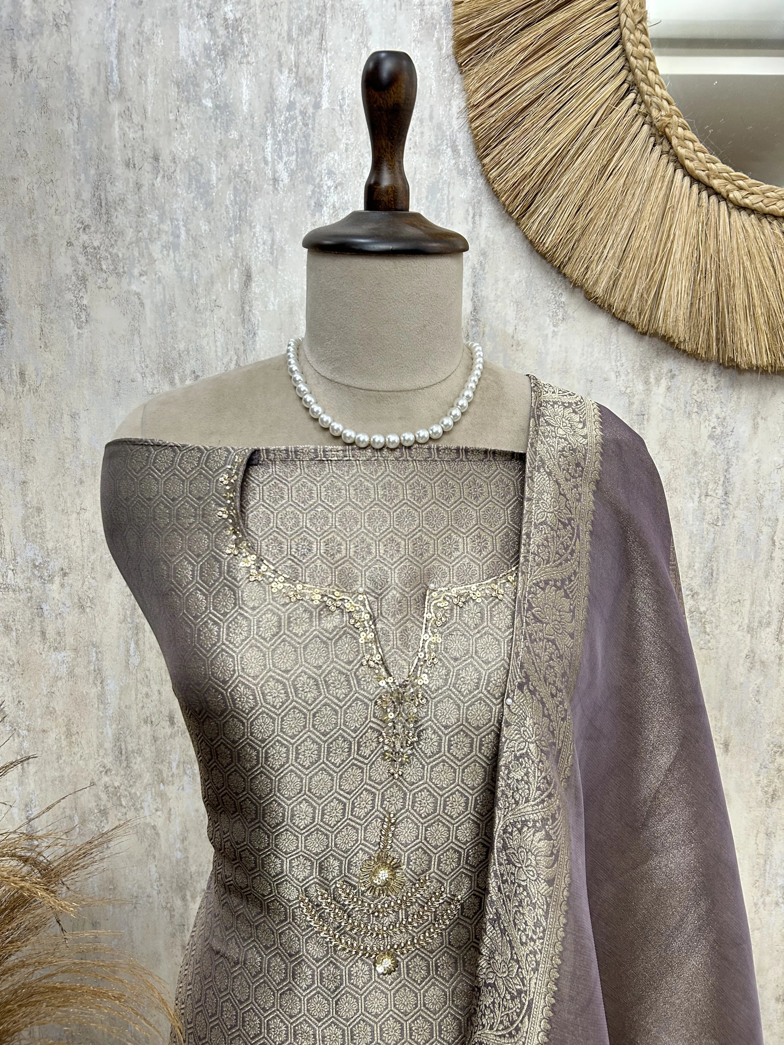 Classic Gold Brocade Unstiched Suit