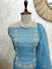 Tissue Unstitched Suit Set Featuring White Thread Embroidery