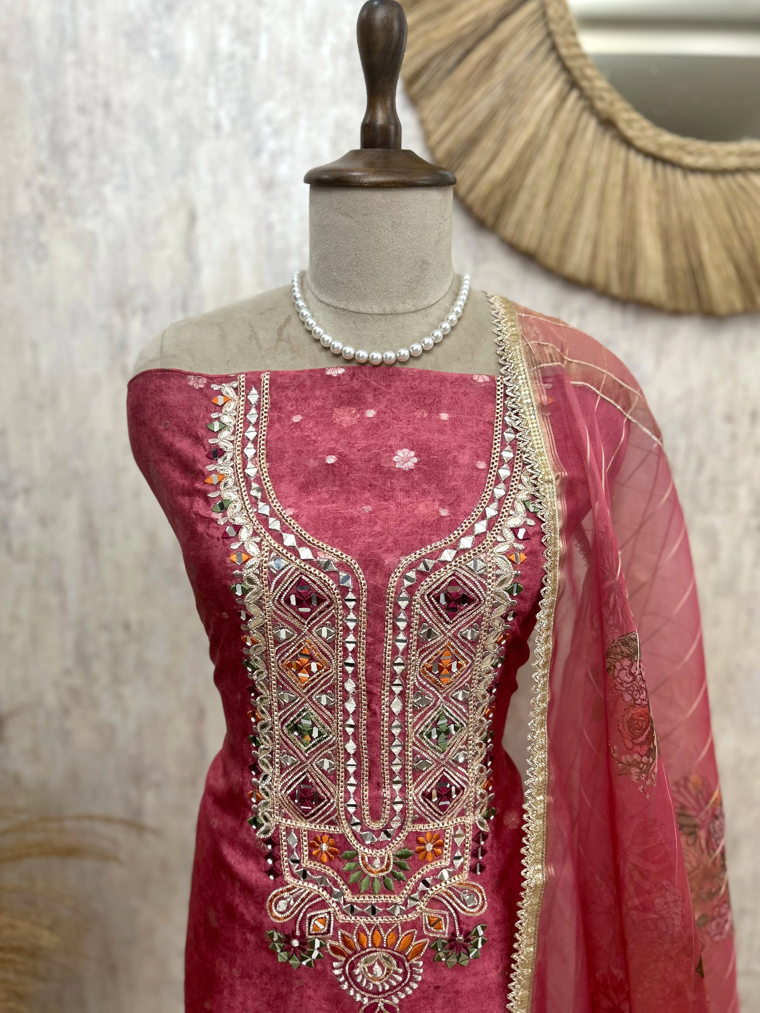 Tissue Unstitched Suit Set With Organza Dupatta