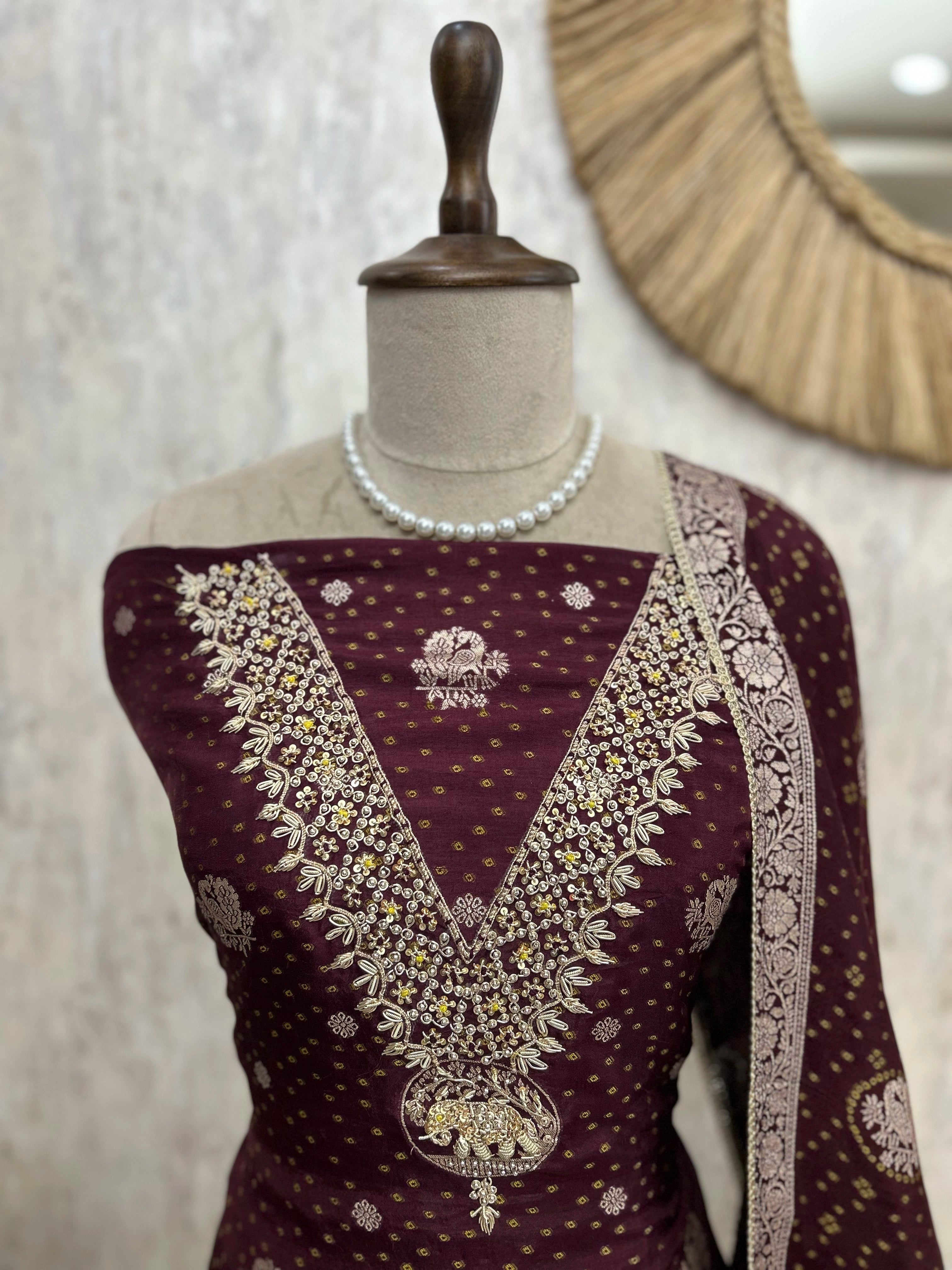 Dola SIlk Unstitched Suit Set With Peacock Figures