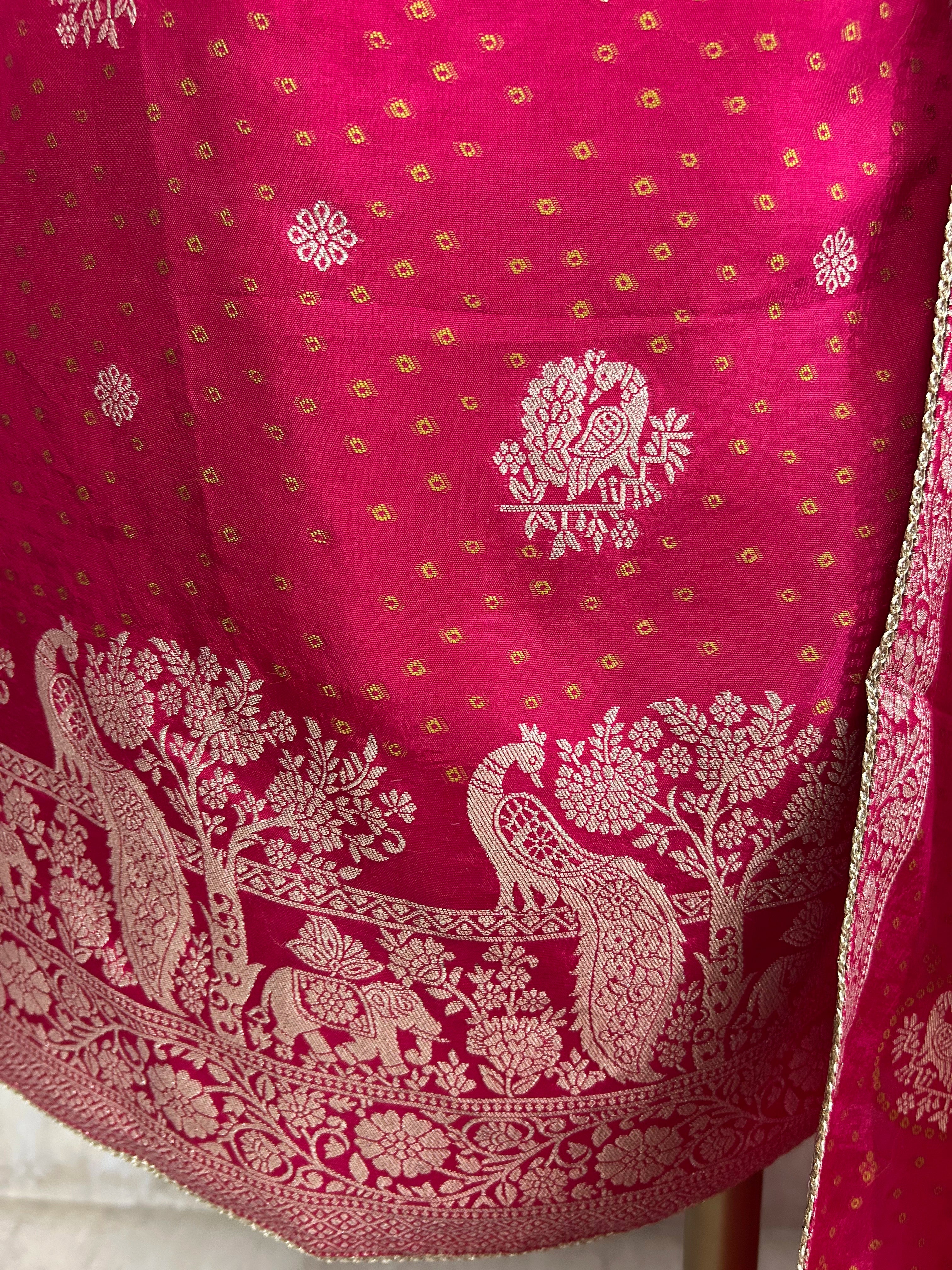Dola SIlk Unstitched Suit Set With Peacock Figures