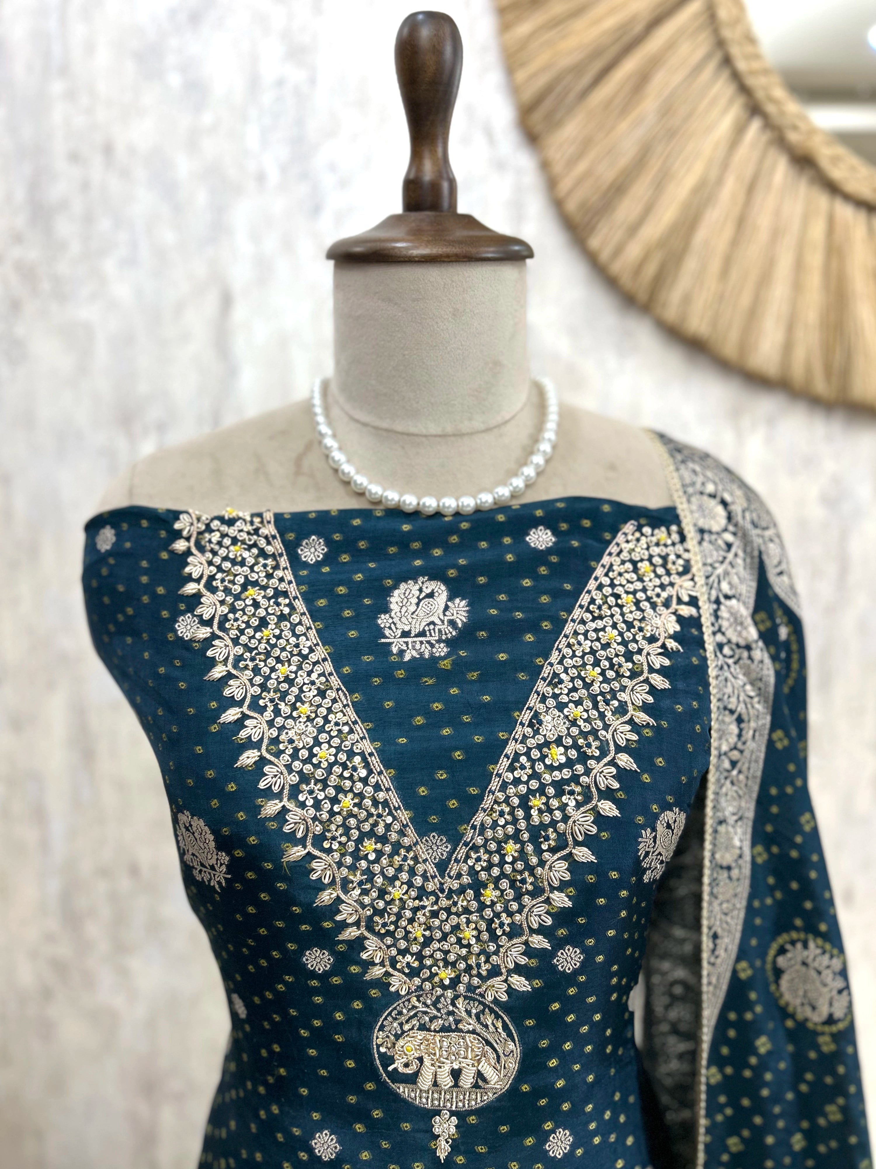 Dola SIlk Unstitched Suit Set With Peacock Figures