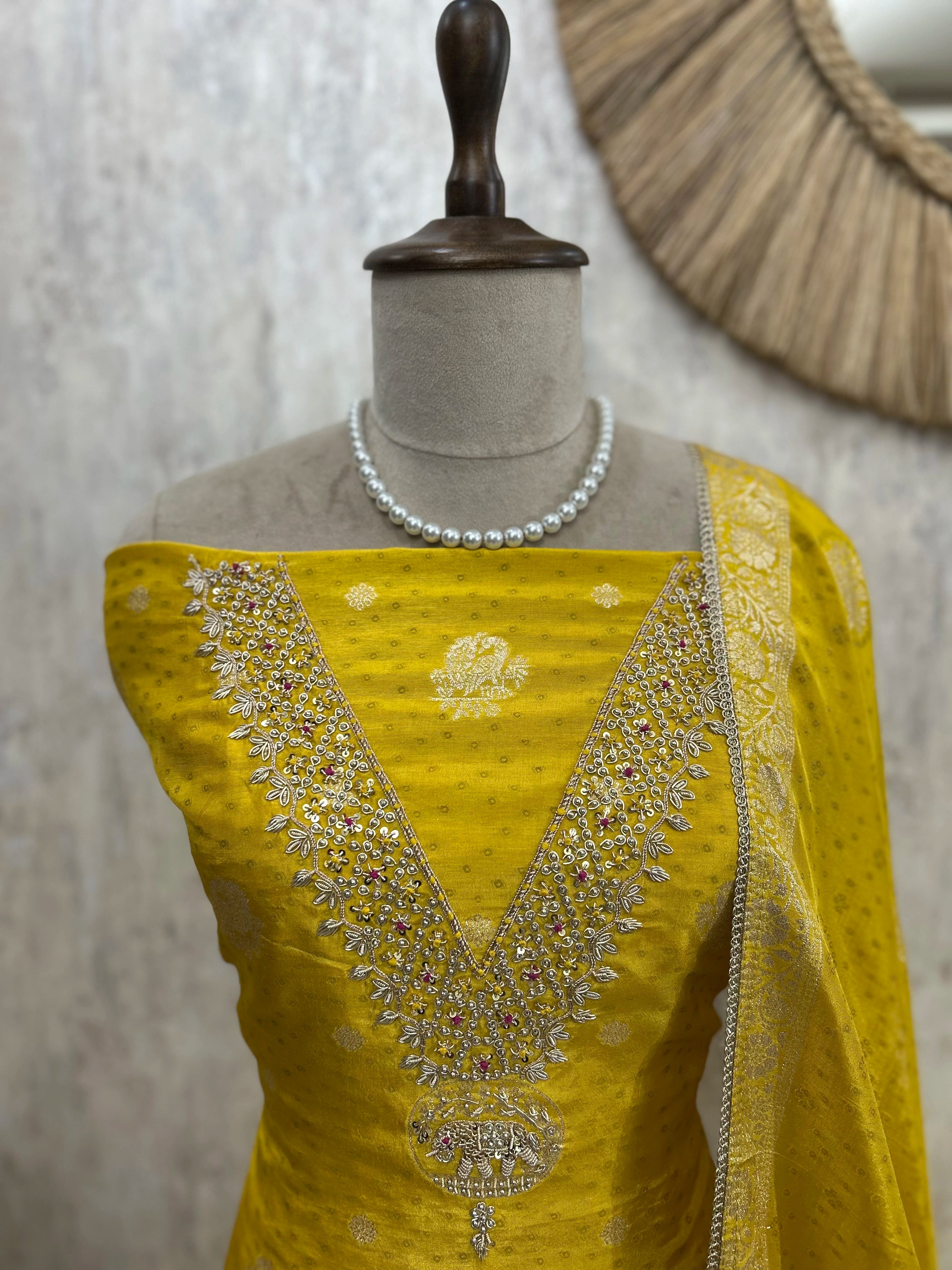 Dola SIlk Unstitched Suit Set With Peacock Figures