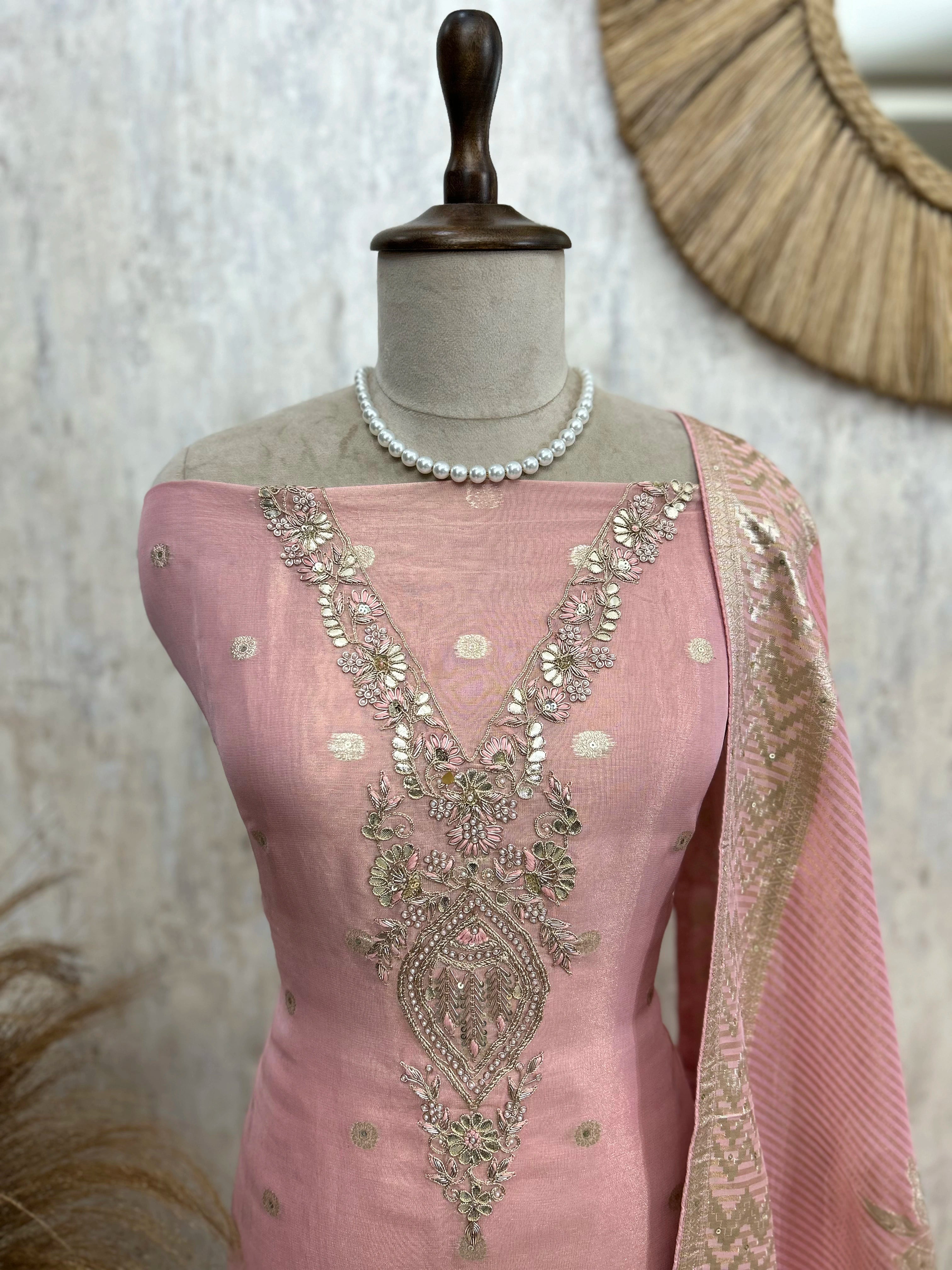 Tissue Unstitched Suit Set Featuring Zardosi Work And Banarasi Weaving On Dupatta