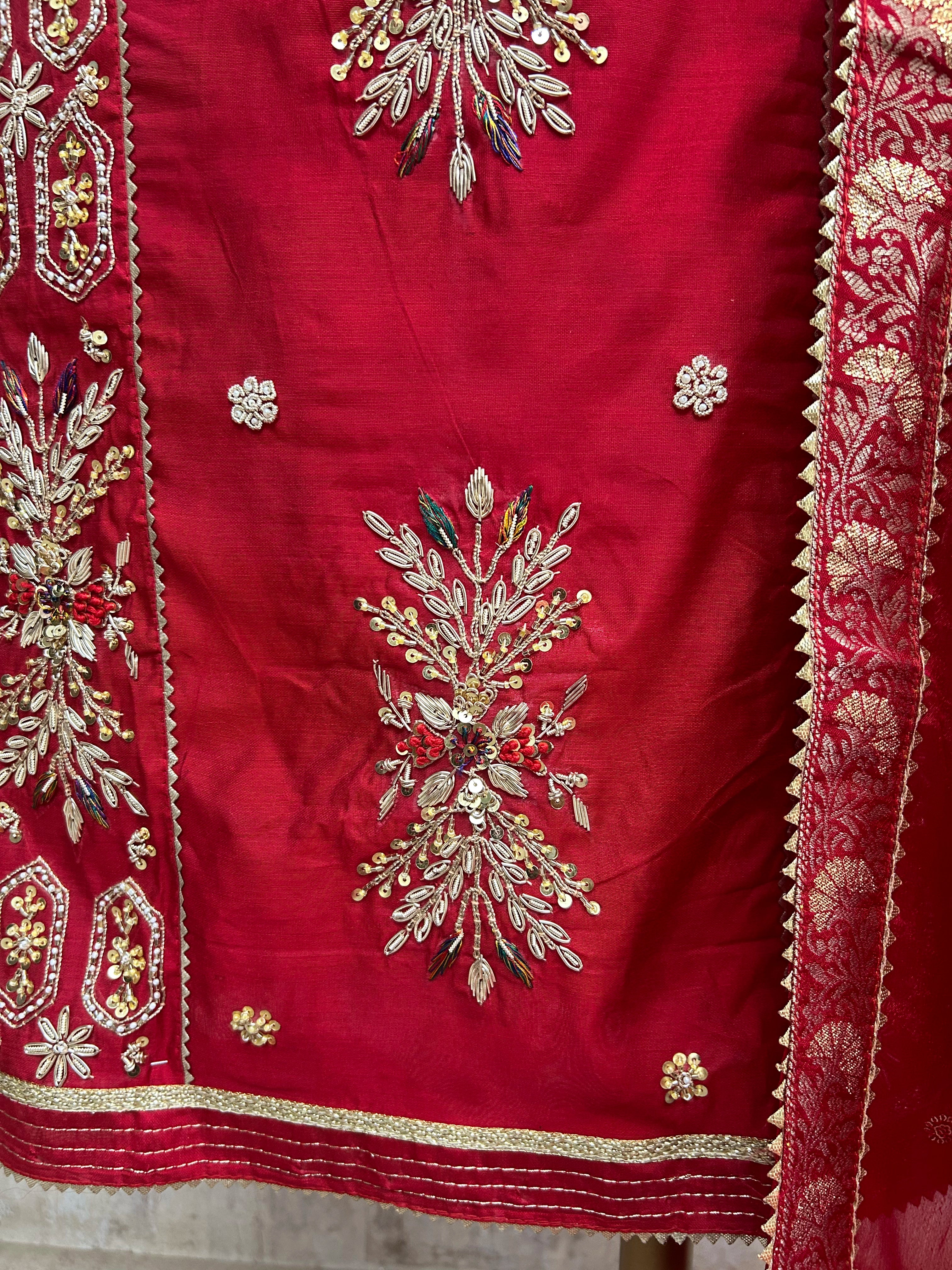 Maheshwari Panel Design Unstitched Suit Set With Chinnon Dupatta