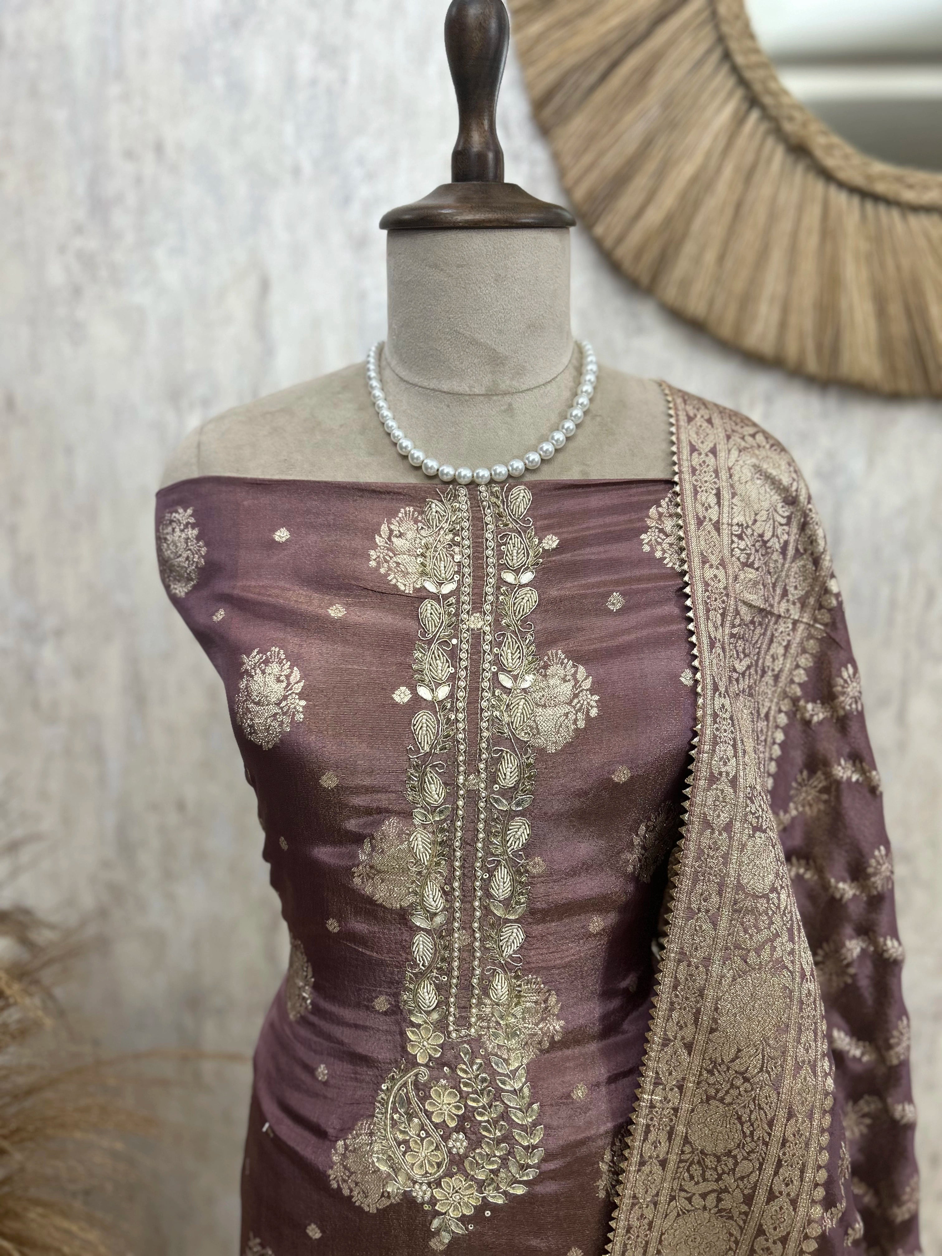 Tissue Silk Unstitched Suit Set With Zardosi Work