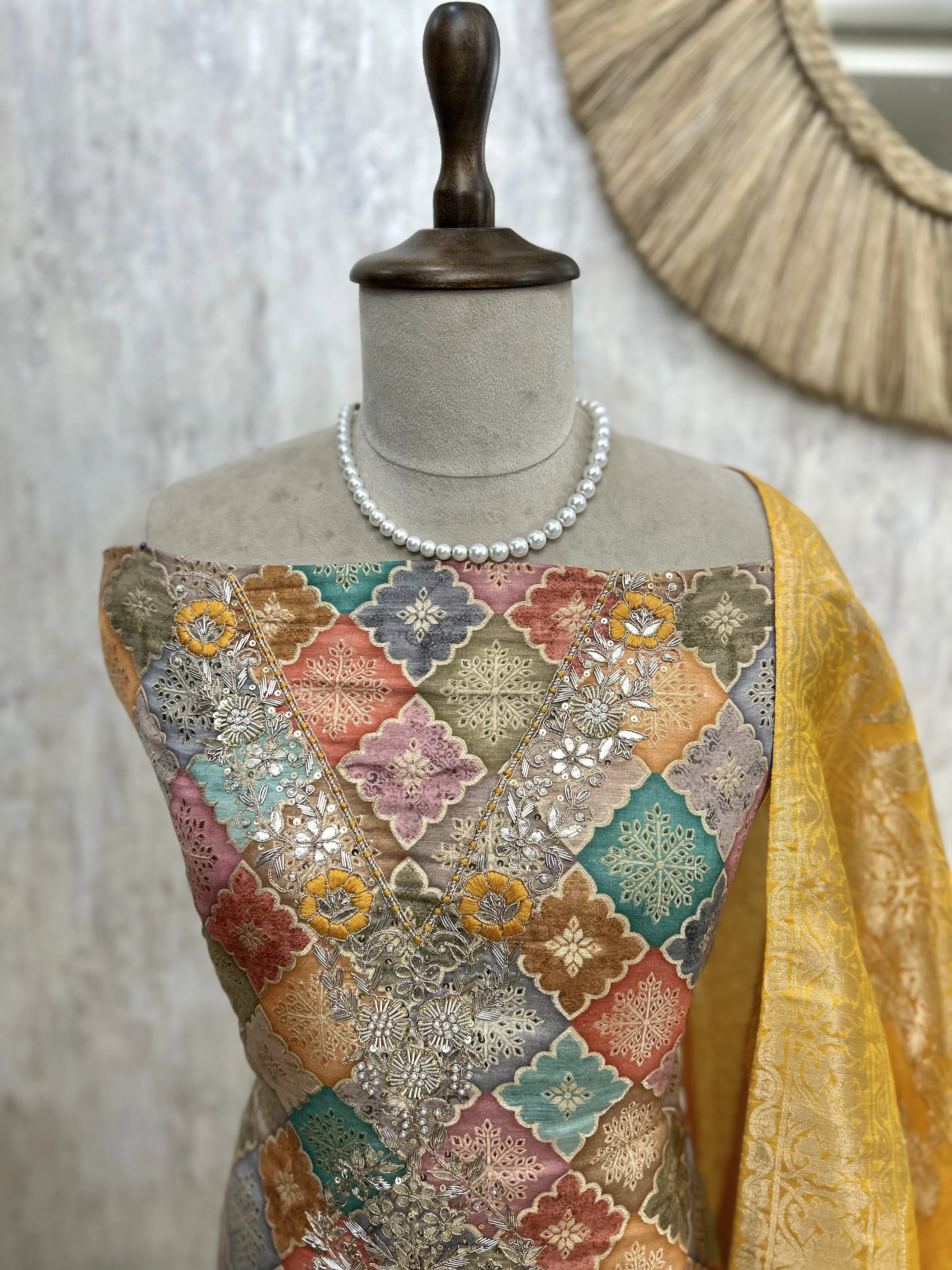 Jacquard Silk Unstitched Suit Set With Jacquard Silk Dupatta