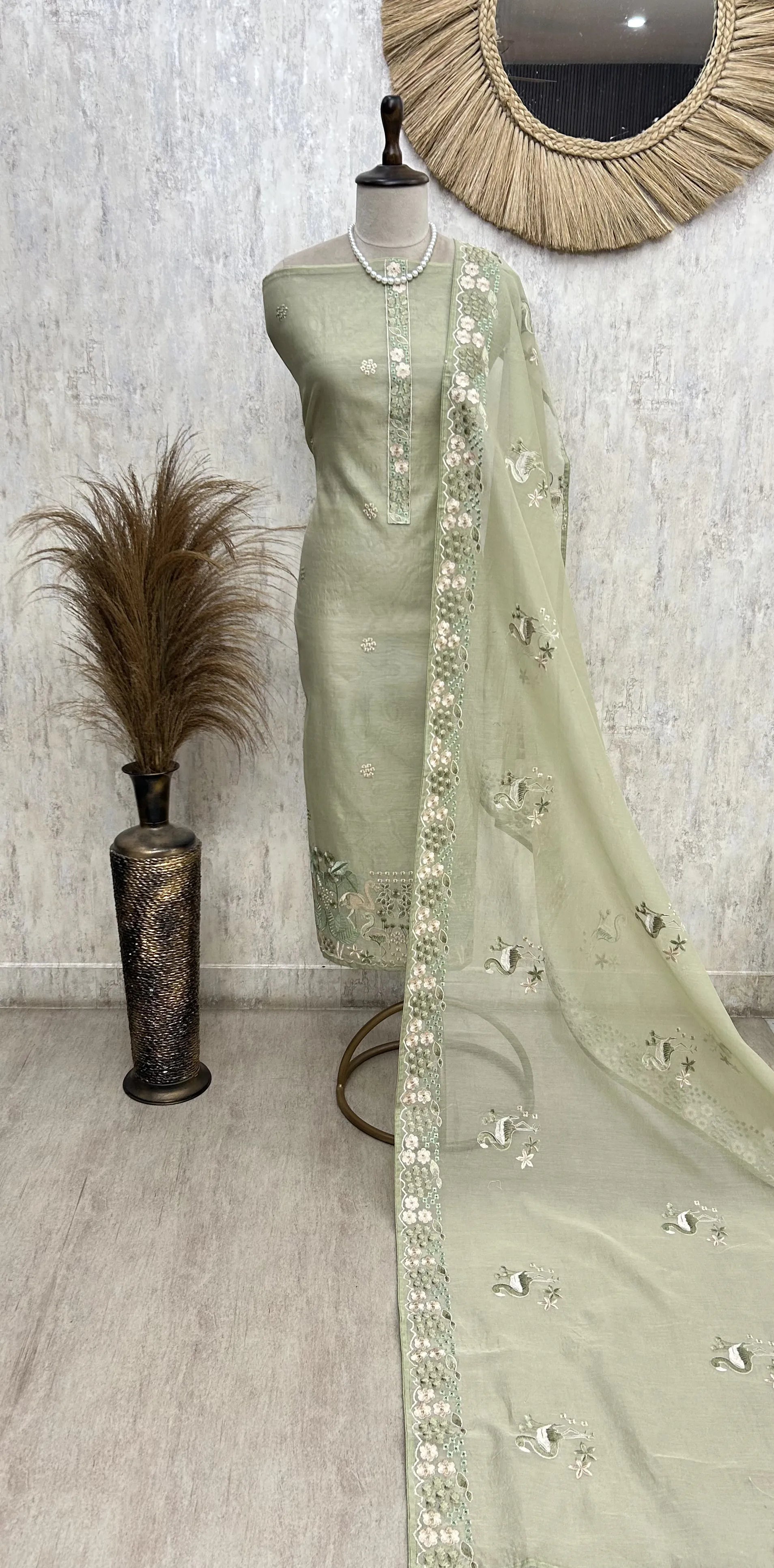 Mint Embroidered Charm Unstitched Suit