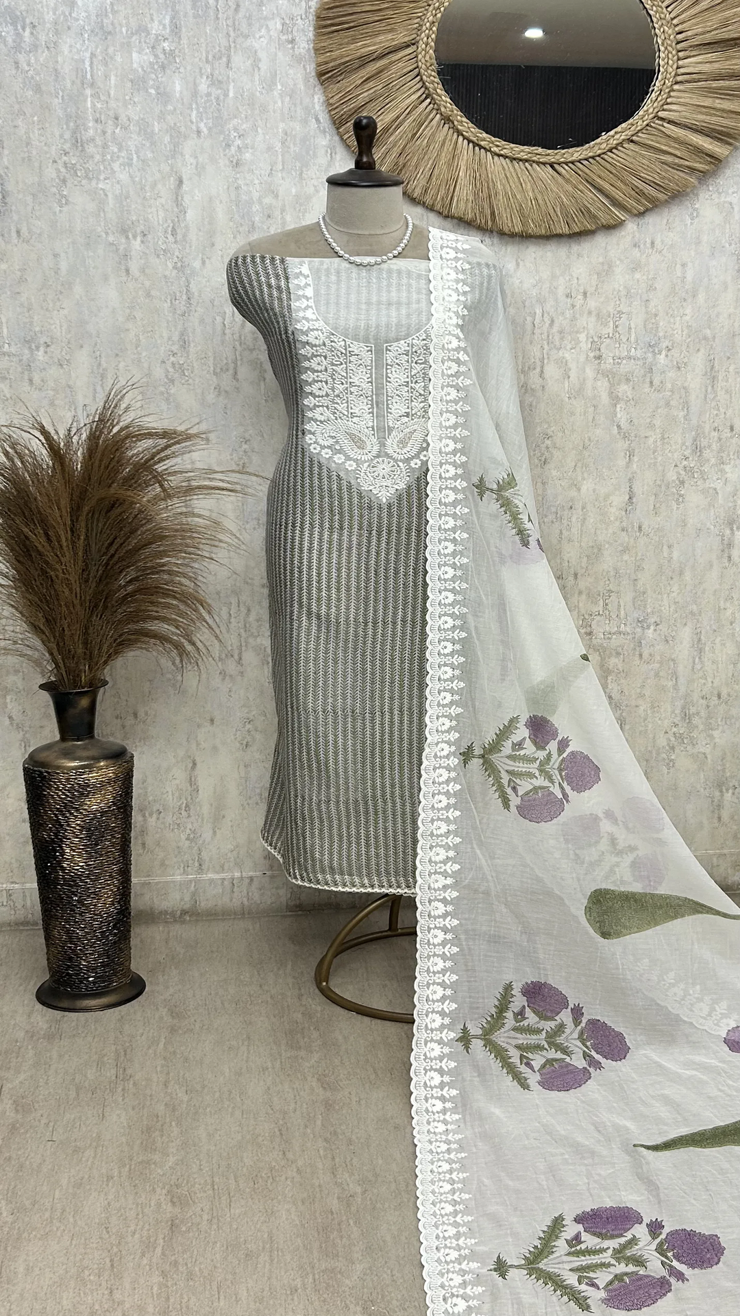 Sage Lace Elegance Unstitched Suit