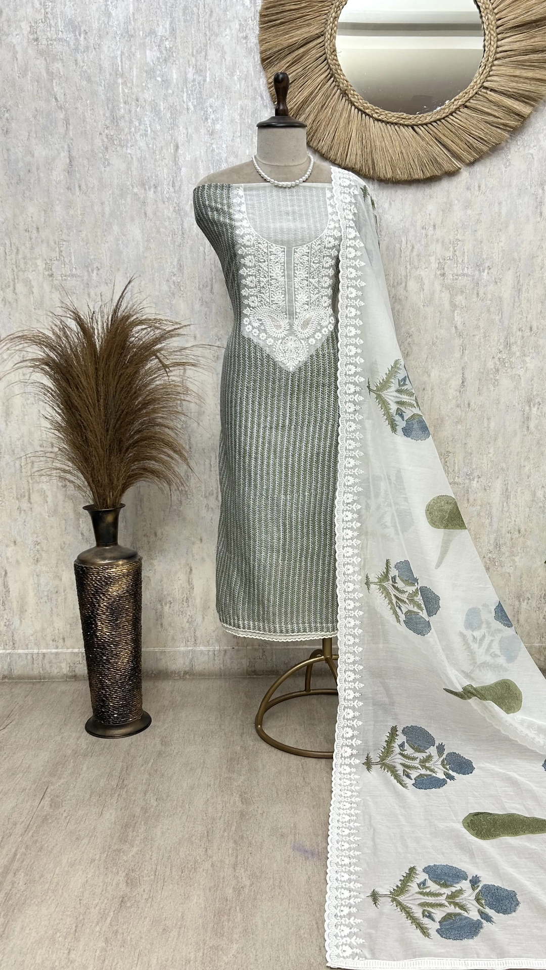 Sage Lace Elegance Unstitched Suit