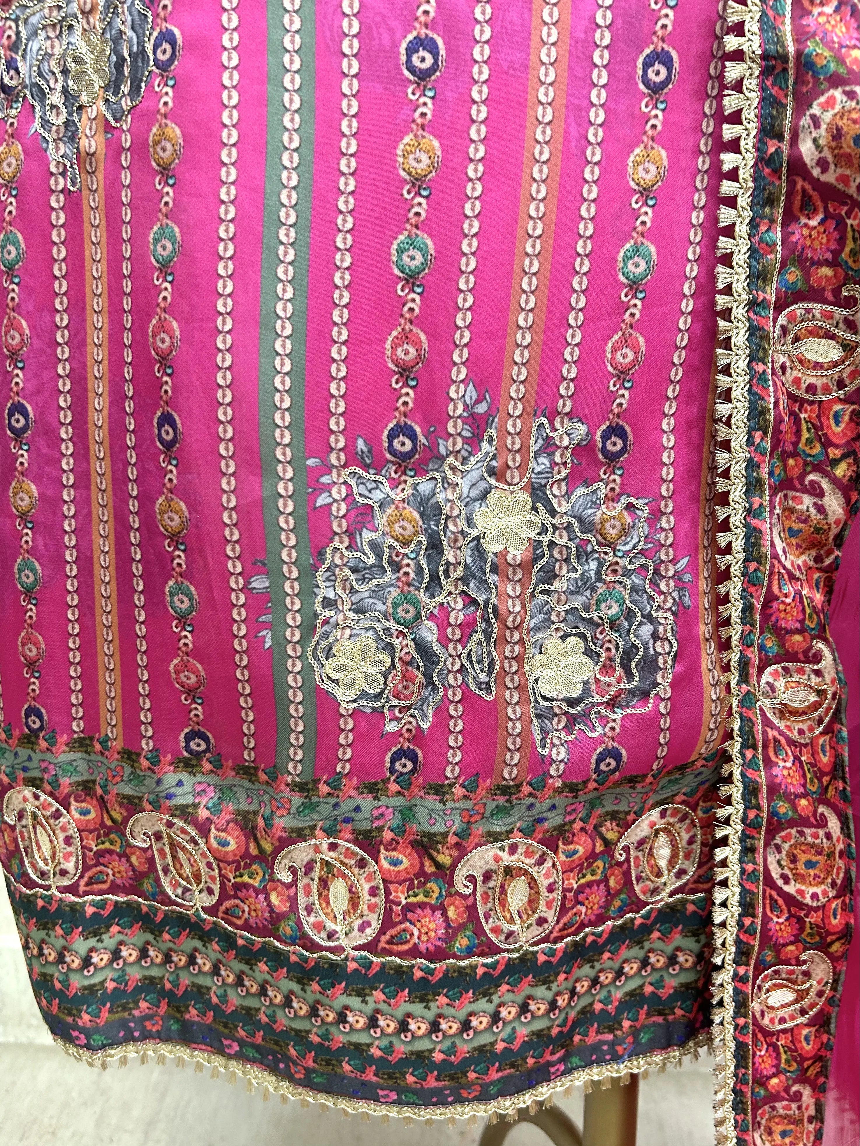 Crepe Russian Unstitched Suit Set With Organza Dupatta
