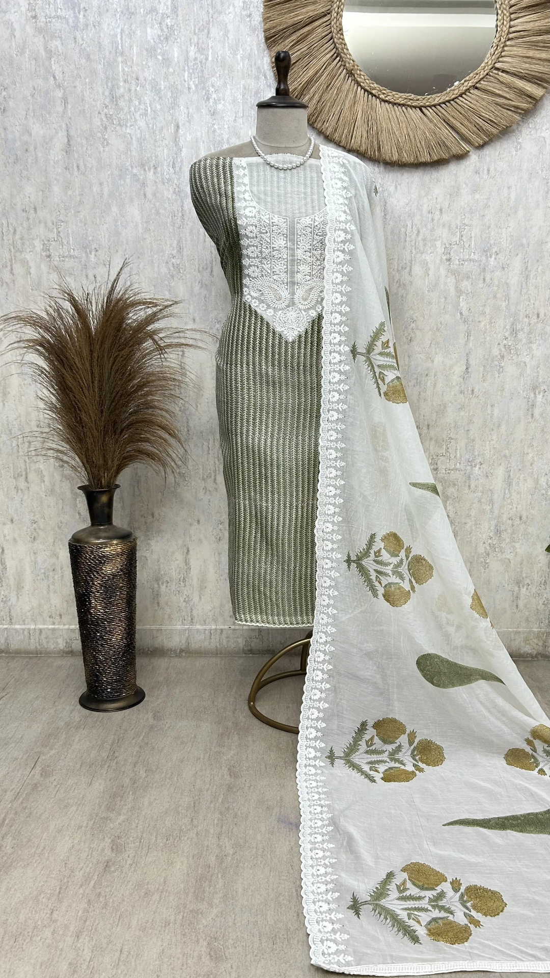 Sage Lace Elegance Unstitched Suit