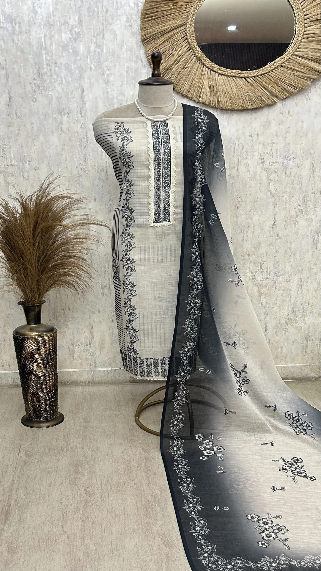 Monochrome Floral Elegance Unstitched Suit