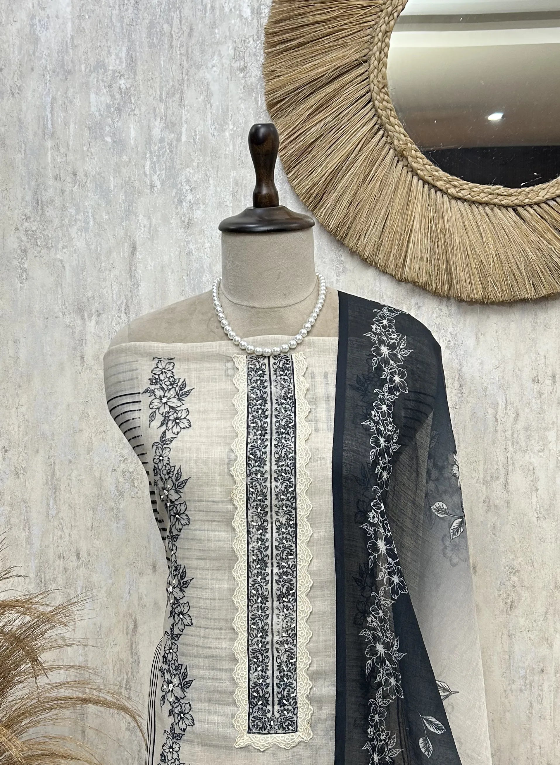 Monochrome Floral Elegance Unstitched Suit