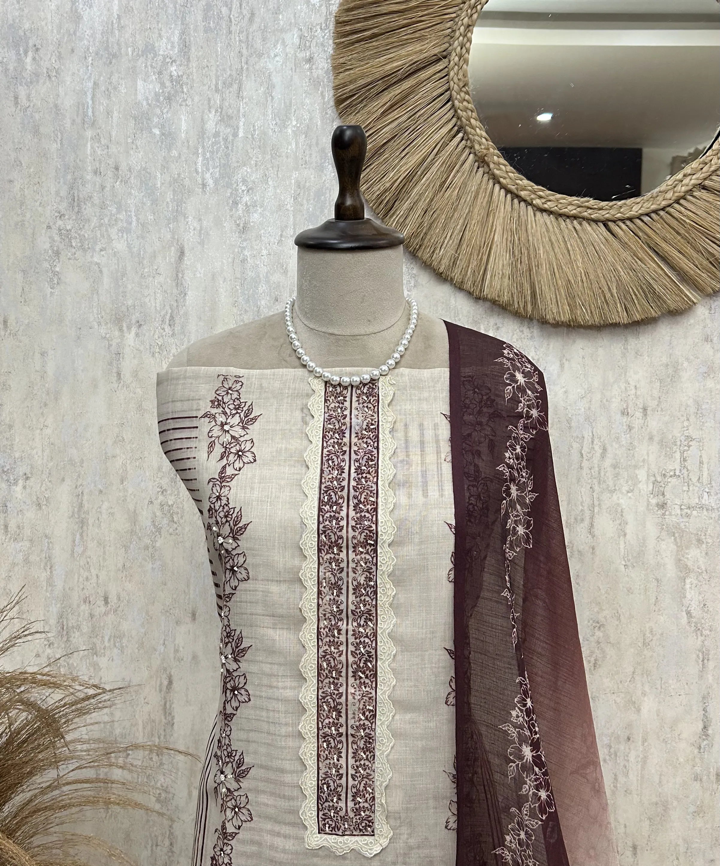 Monochrome Floral Elegance Unstitched Suit