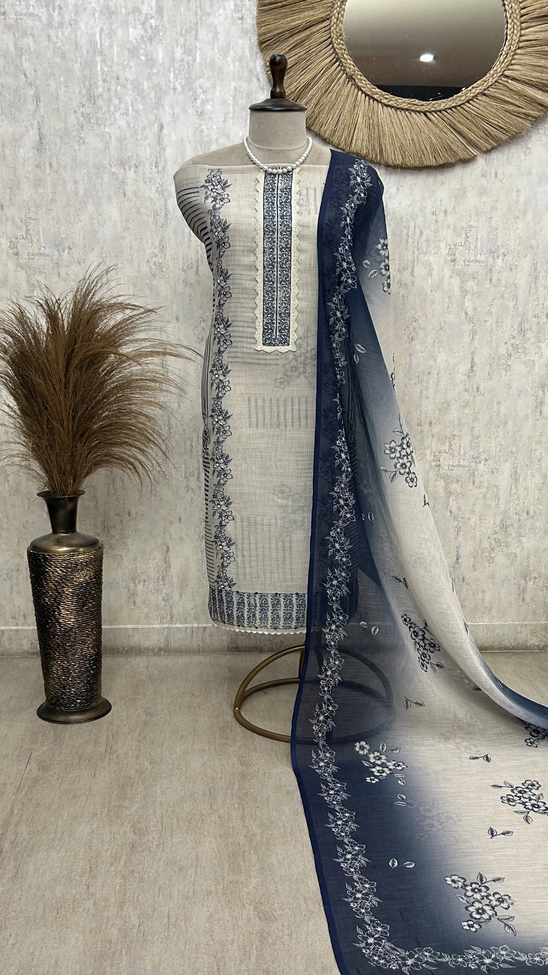 Monochrome Floral Elegance Unstitched Suit
