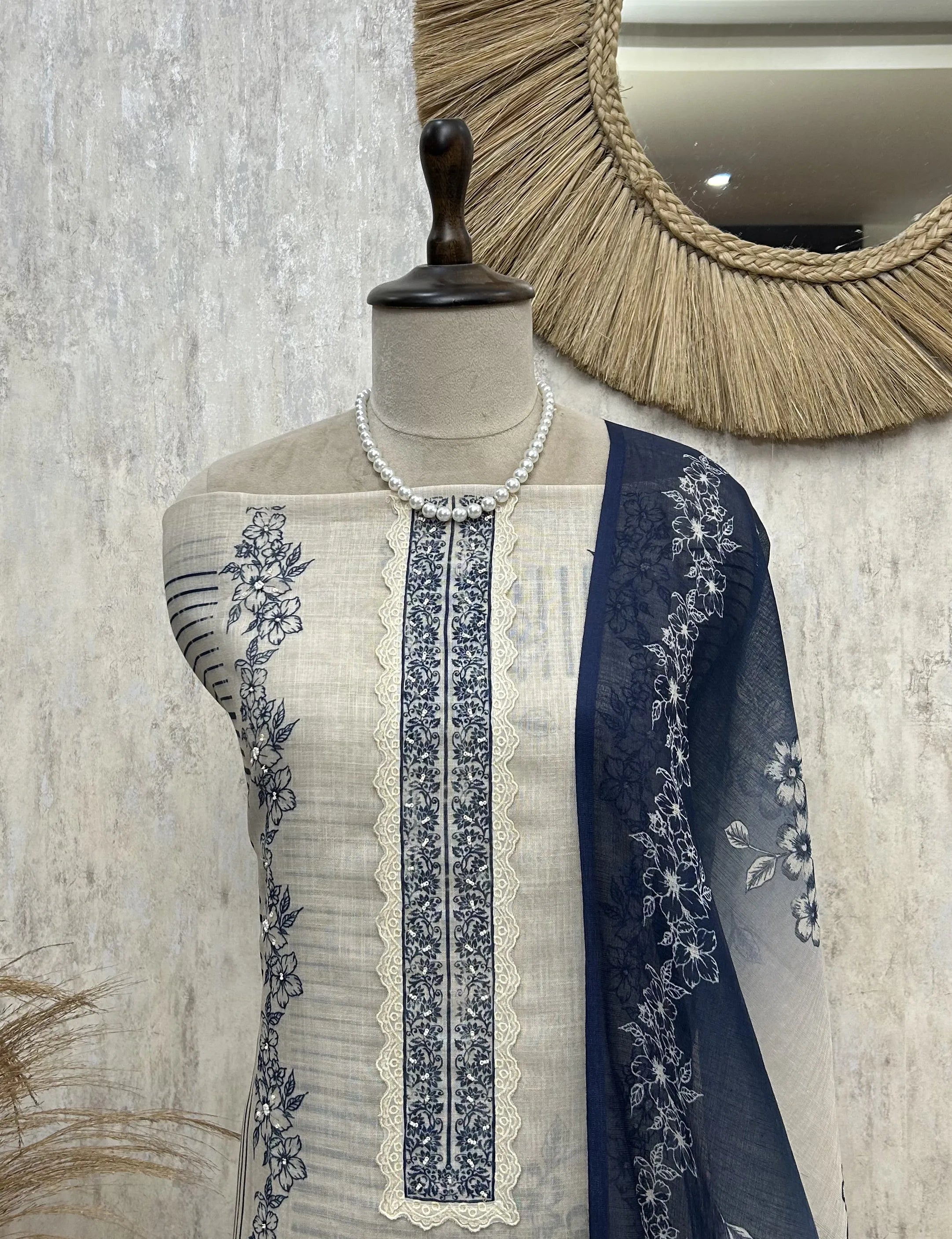 Monochrome Floral Elegance Unstitched Suit