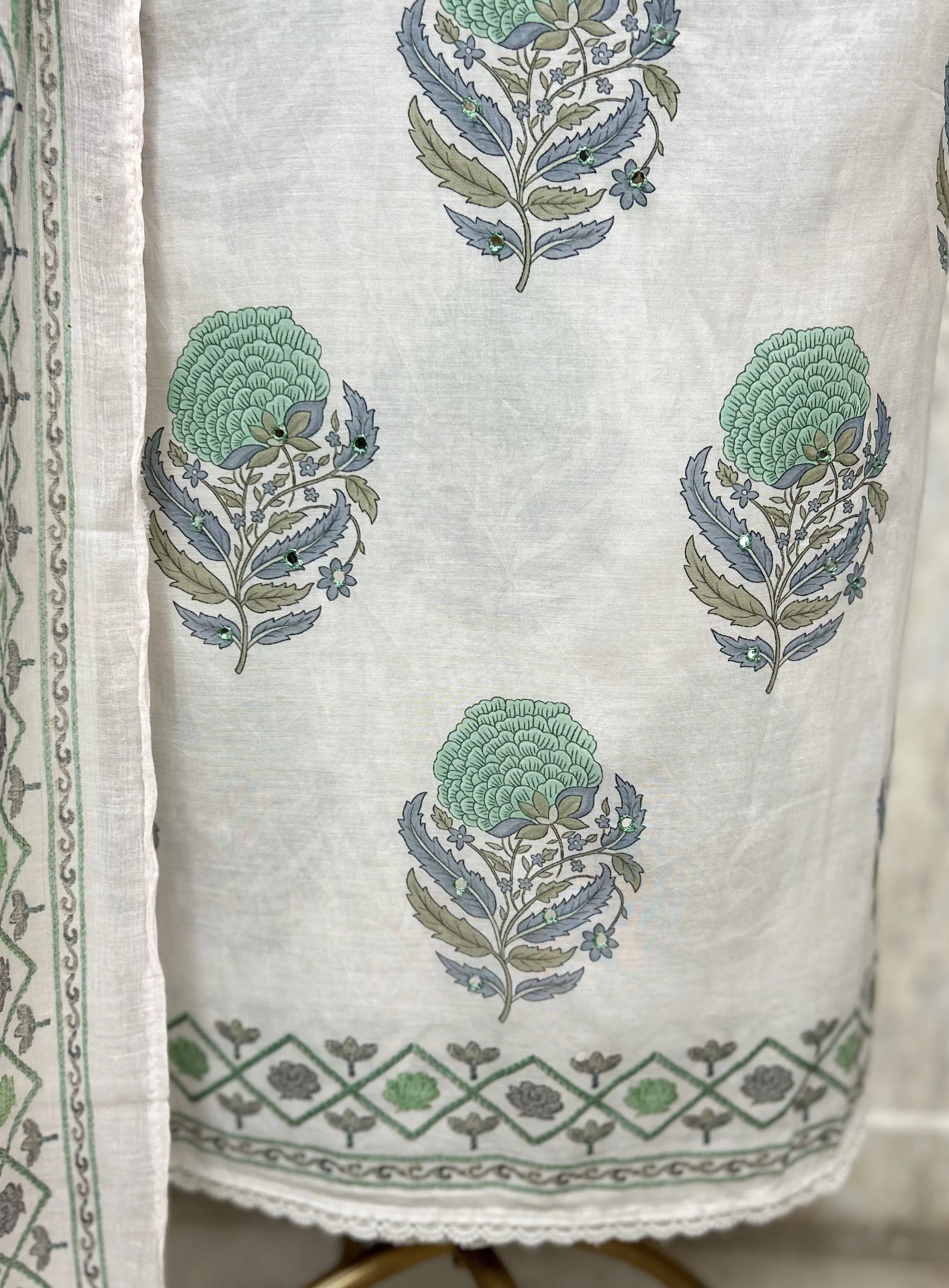Verdant Blockprint Mul Cotton Unstitched Suits