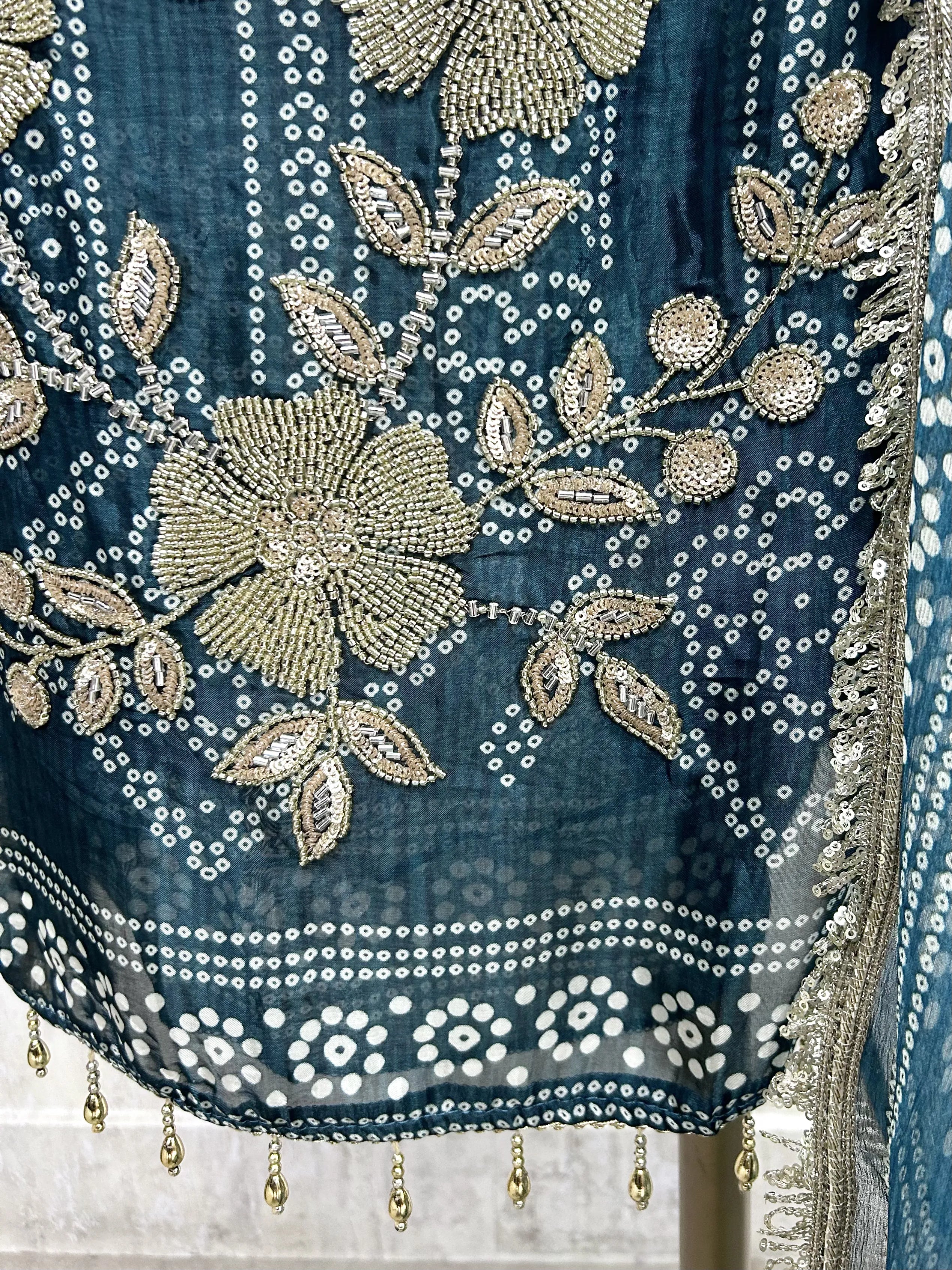 Glass Organza Unstitched Suit Set With Katdana And Sequence Detailing